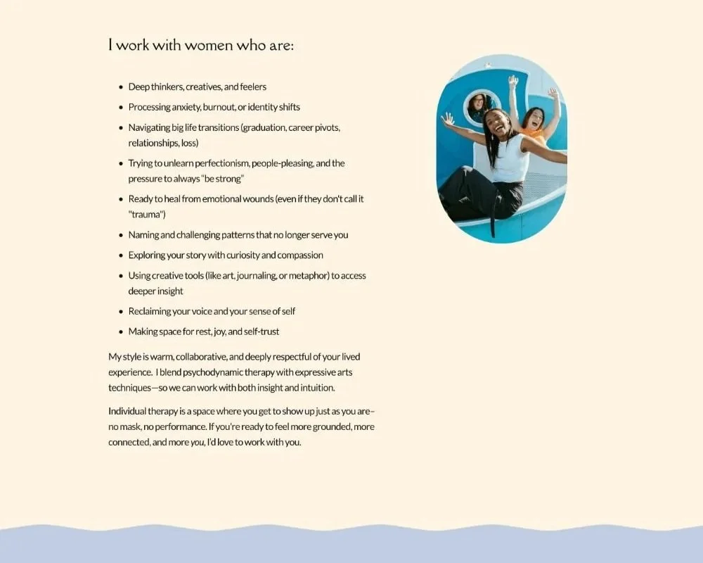 a section of a therapist website with way more text and a small image