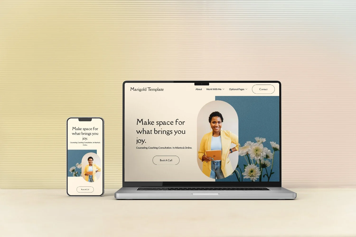 The Marigold squarespace template displayed on laptop and mobile phone