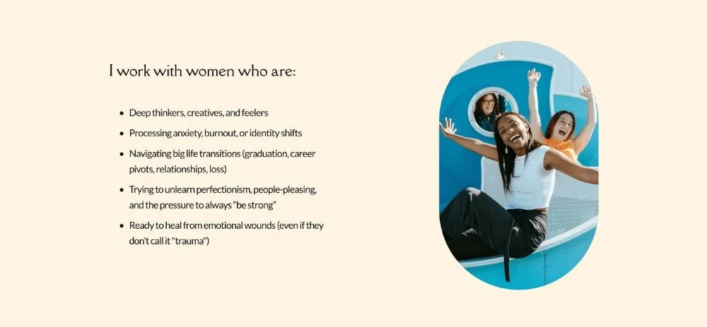 a section of a therapy website that shows equally balanced text and image