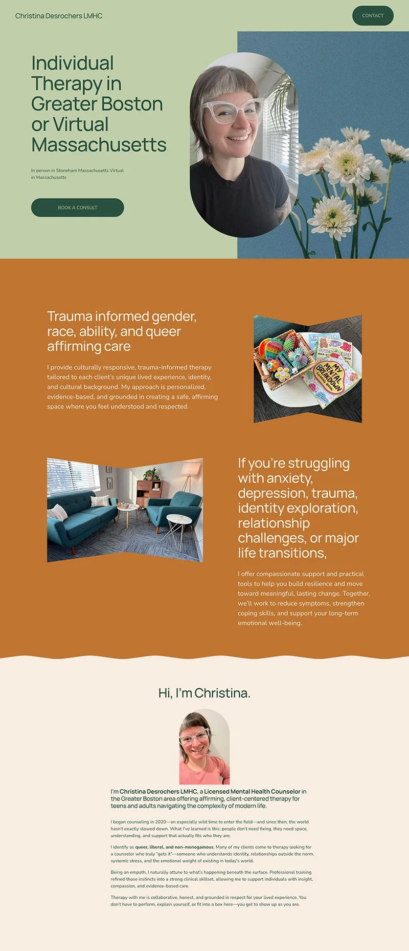 Green and brown therapist website homepage