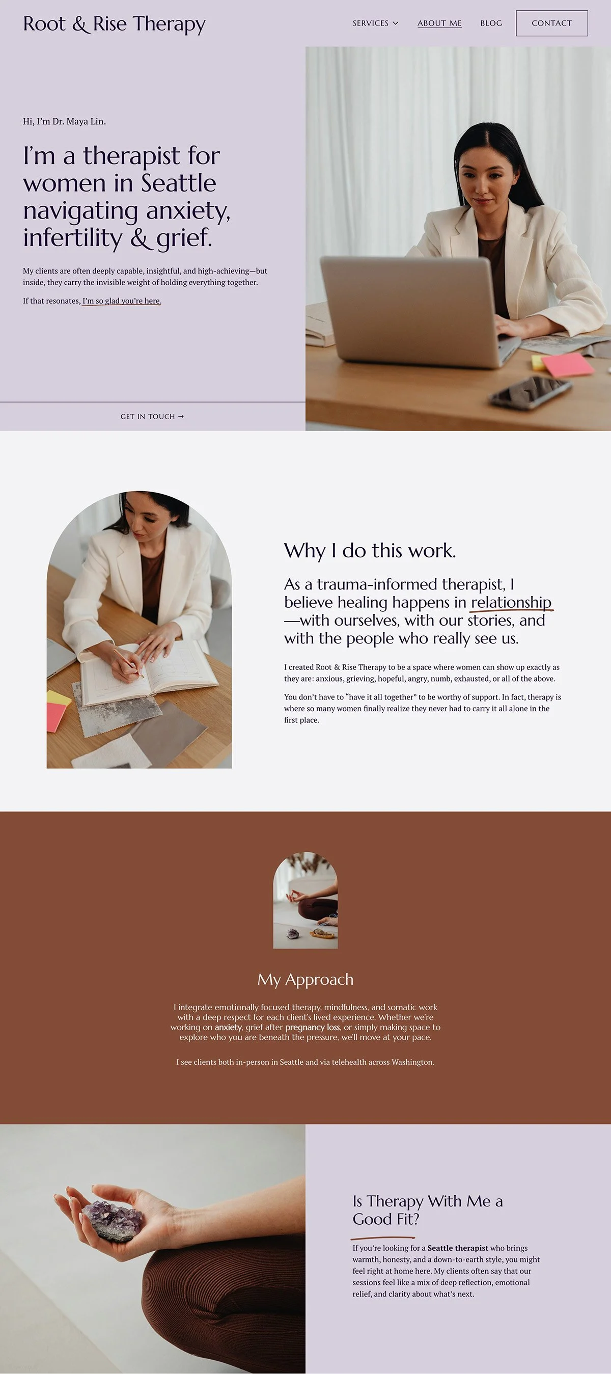 lilac and brown therapist about me page