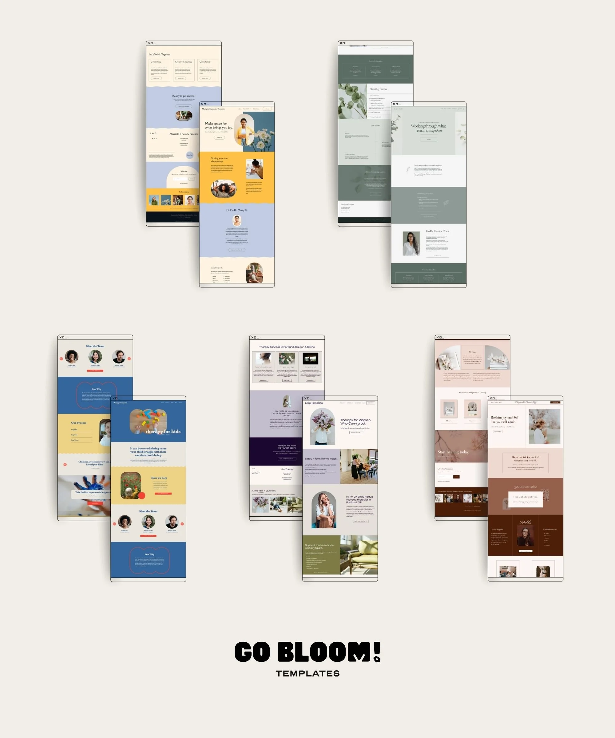 A simple display of 5 Go Bloom website template mock-ups.
