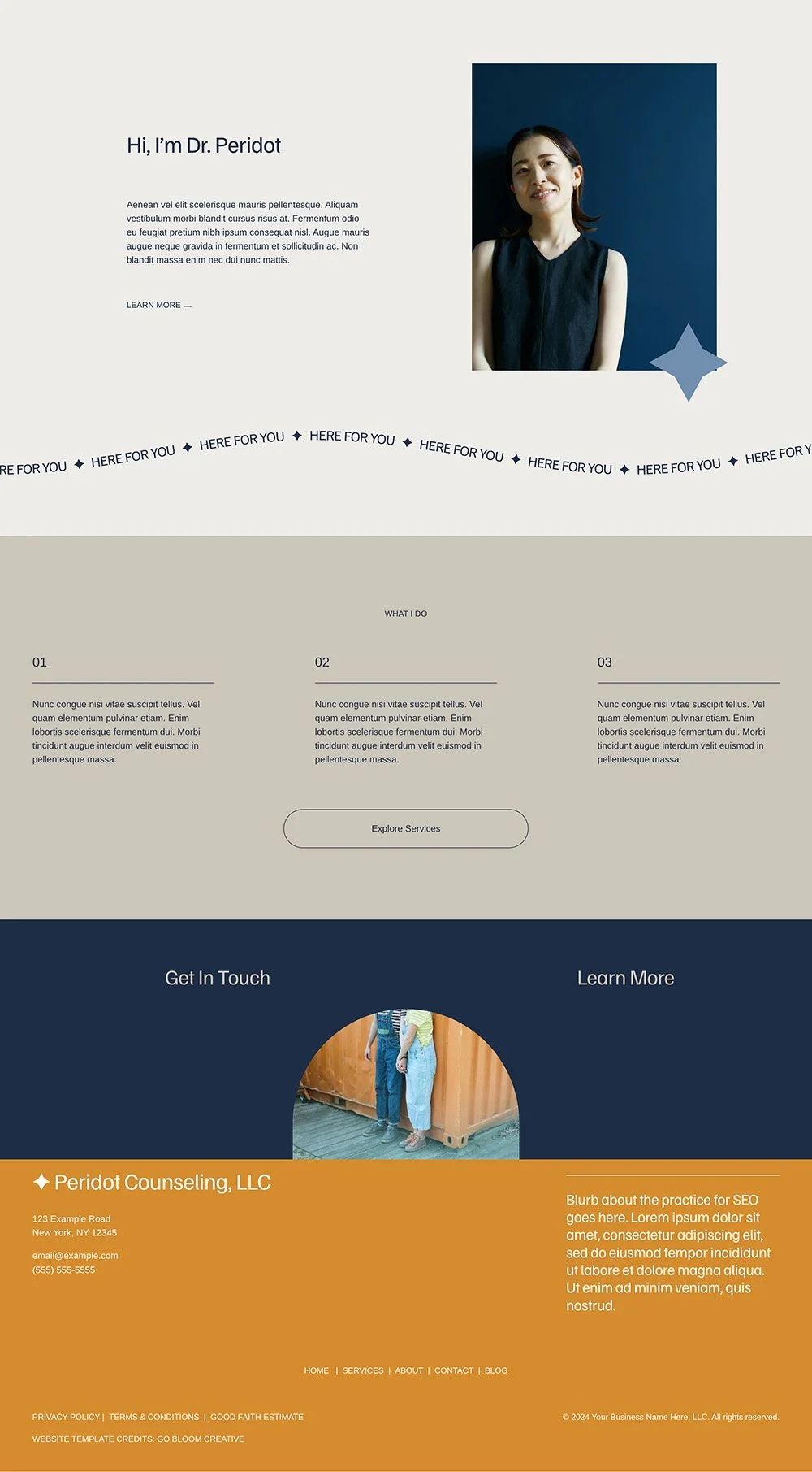 Peridot website template with beige and blue palette