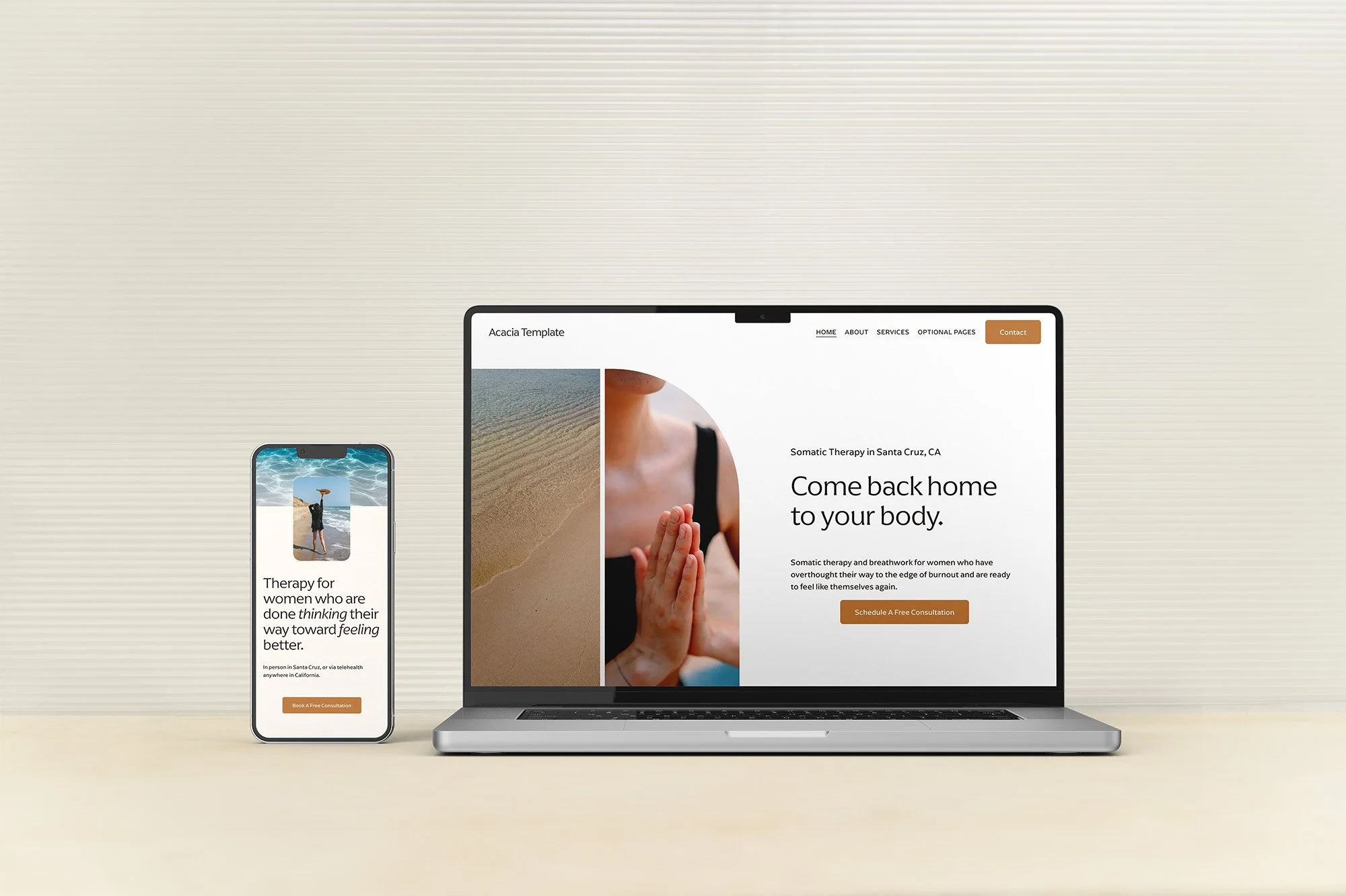 A mobile device and laptop displaying the Acacia website template for therapists