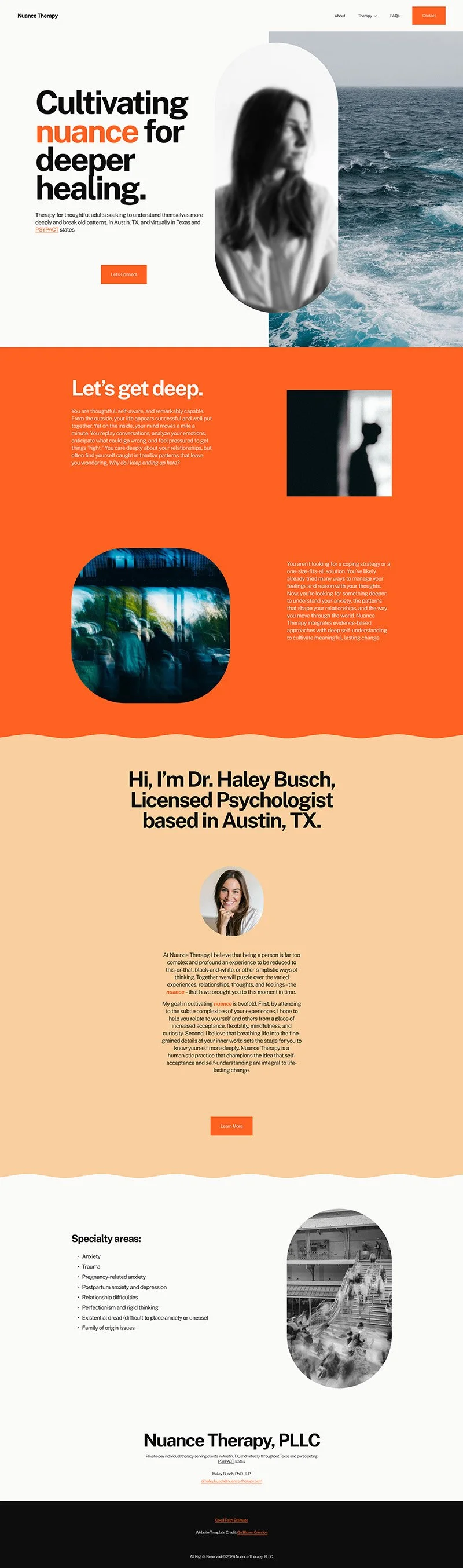 Homepage of a therapist in TX with bold orange styling