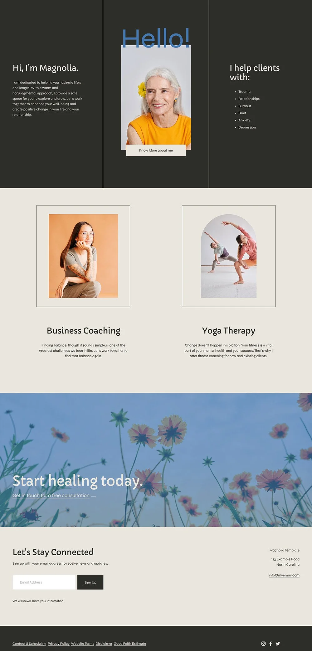 Magnolia Template in vibrant colors for a yoga therapist and coach