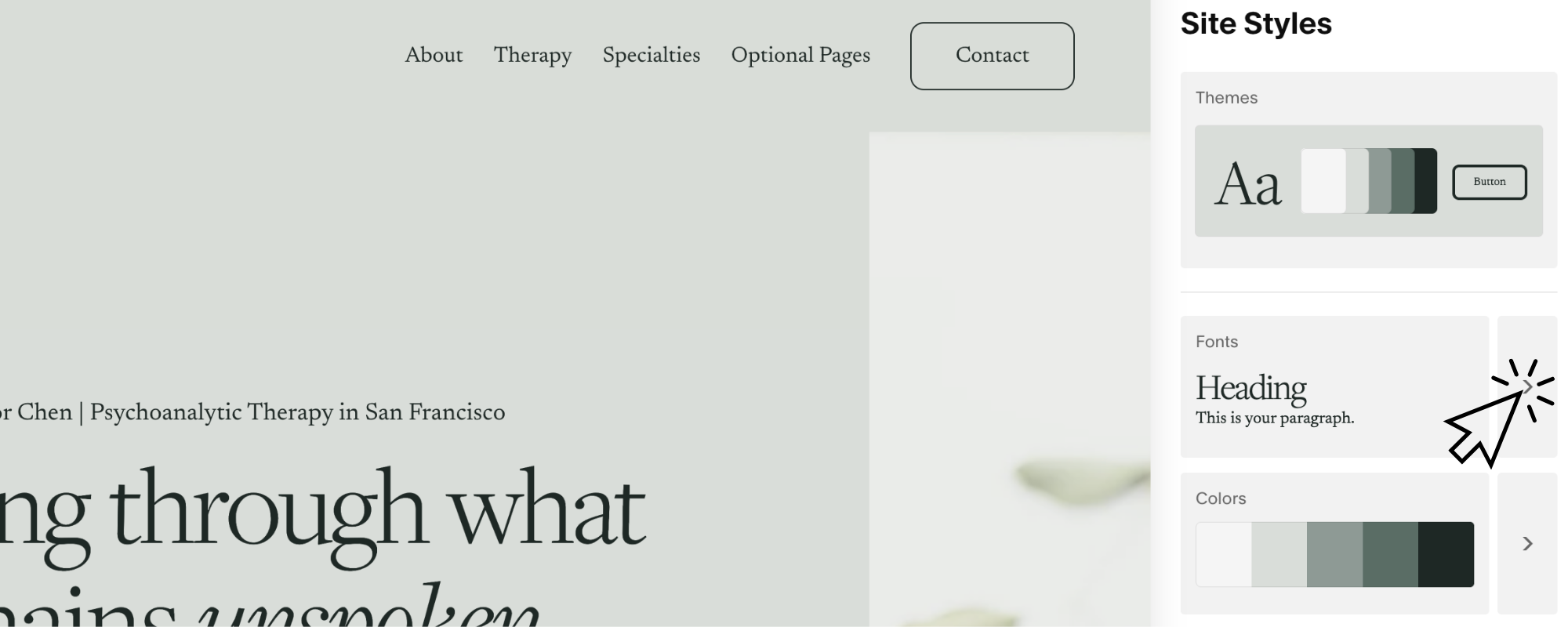 screenshot of Squarespace Site Styles panel showing where to click to open font styles