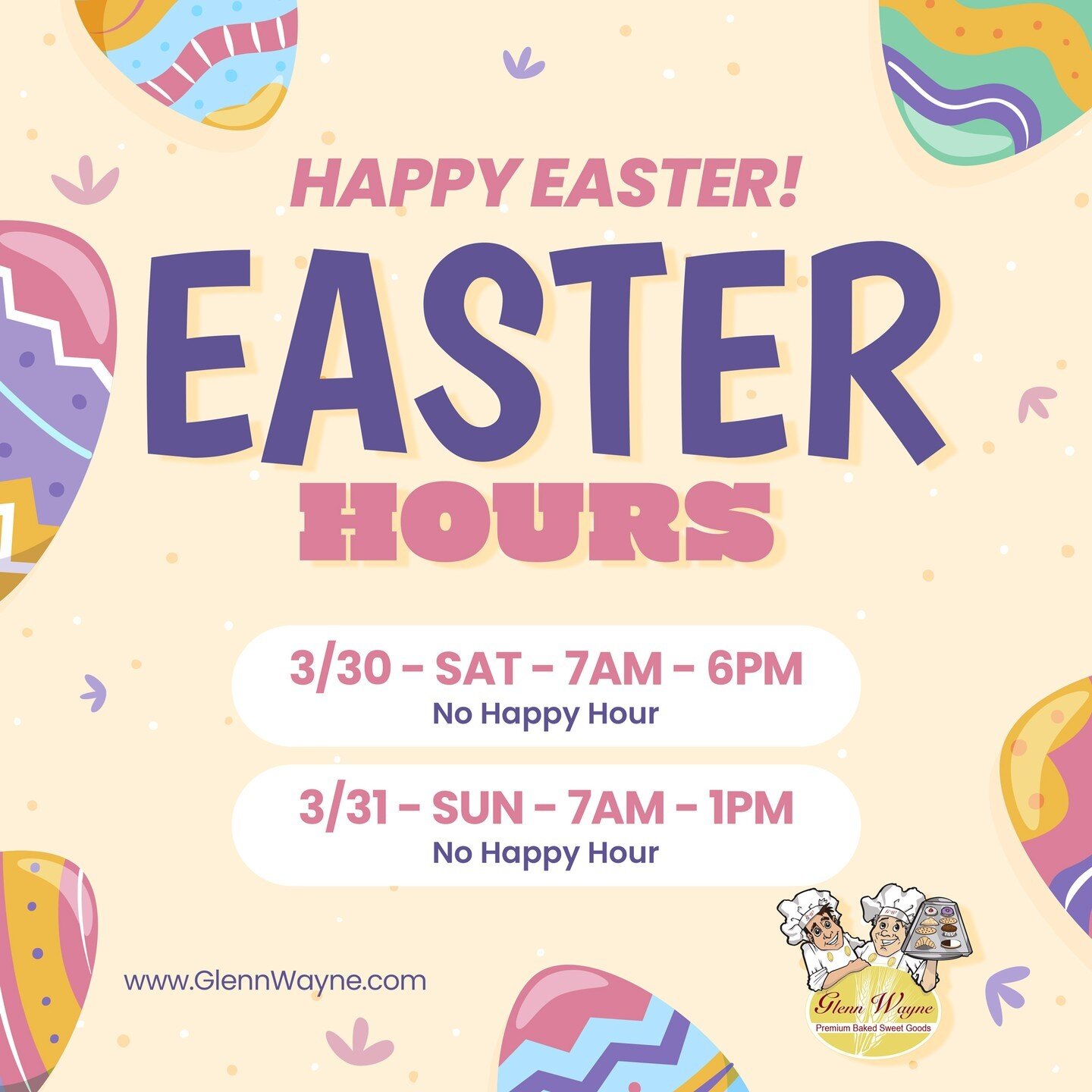 🐰🍩🎉 Happy Easter from Glenn Wayne Bakery!

𝓔𝓪𝓼𝓽𝓮𝓻 𝓗𝓸𝓾𝓻𝓼
Saturday, March 30th: 7 AM - 6 PM (no happy hour)
Easter Sunday, March 31st: 7 AM - 1 PM (no happy hour)

📍 Bohemia, NY
📞 631-256-5140
📞 631-319-6266
🌐 www.GlennWayne.com

#Hap