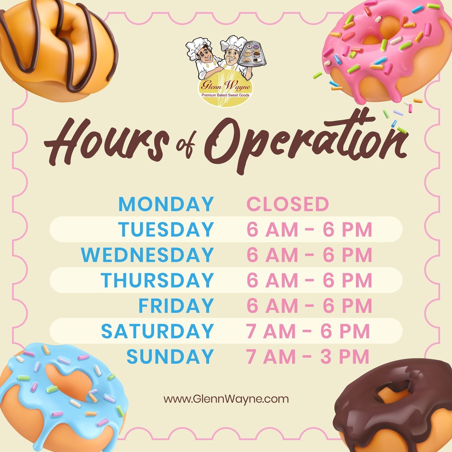 🕒🍩📅 Just a quick reminder! Here are our Hours of Operation at Glenn Wayne Bakery. Come visit us!

📍 Bohemia, NY
📞 631-256-5140
📞 631-319-6266
🌐 www.GlennWayne.com

#Bakery #GlennWayneBakery #HoursOfOperation #LongIsland #LongIslandEats #NewYor