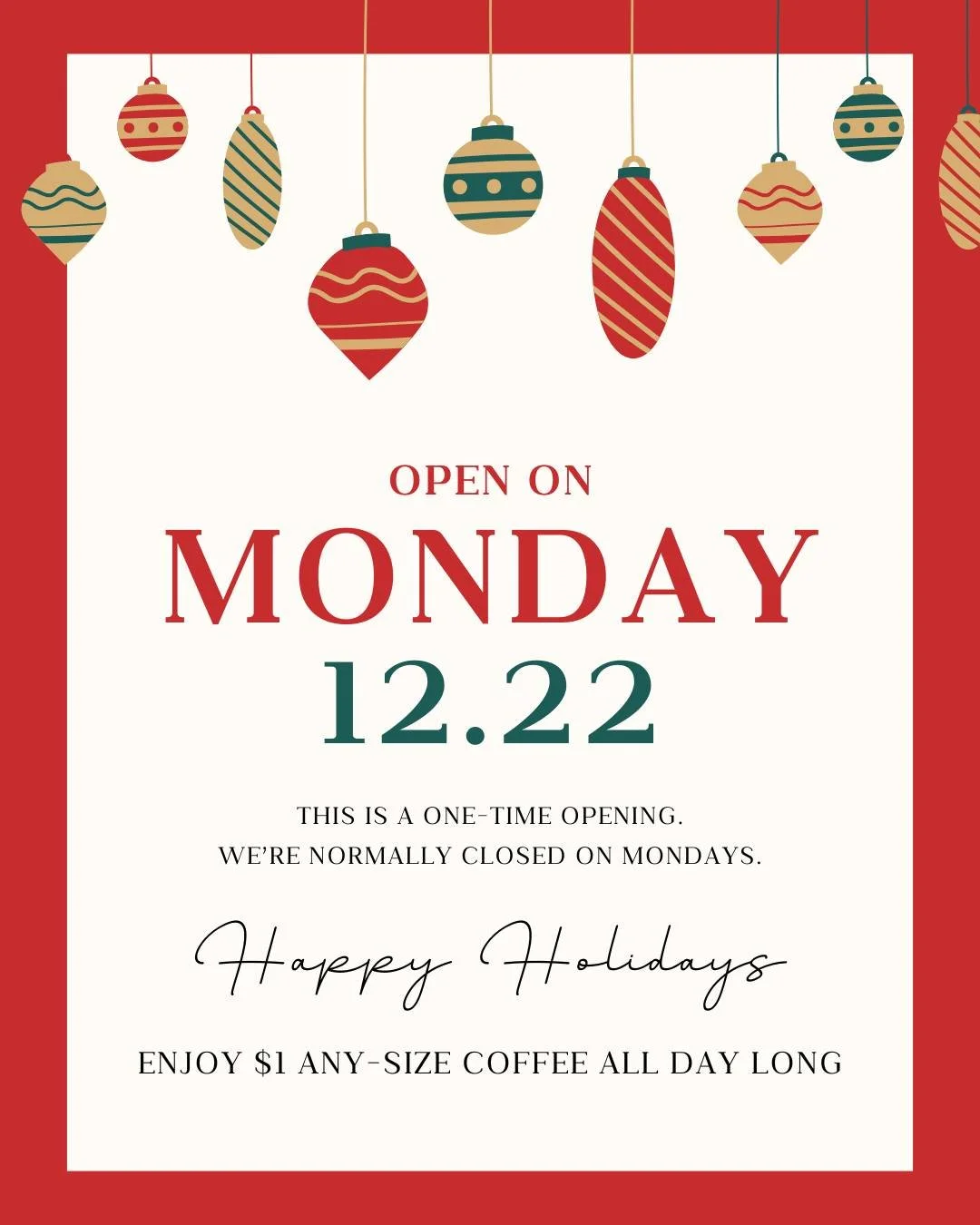 Holiday Monday surprise at Glenn Wayne Bakery. We are open Monday, 12/22, for a special one-time holiday opening with $1 any-size coffee all day, so you can stock up on fresh treats and caffeine. We are normally closed on Mondays, but not this one. ?