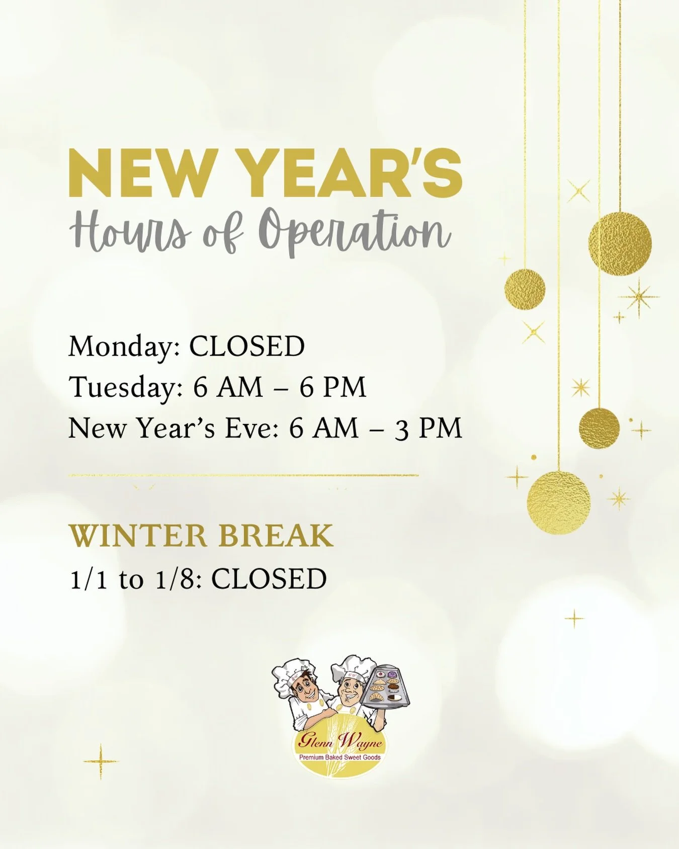 Last call before winter break. 🎇🍩🕒 Here are our hours:

Monday 12/29: Closed
Tuesday 12/30: 6 AM to 6 PM
New Year&rsquo;s Eve 12/31: 6 AM to 3 PM
Winter Break 1/1 to 1/8: Closed