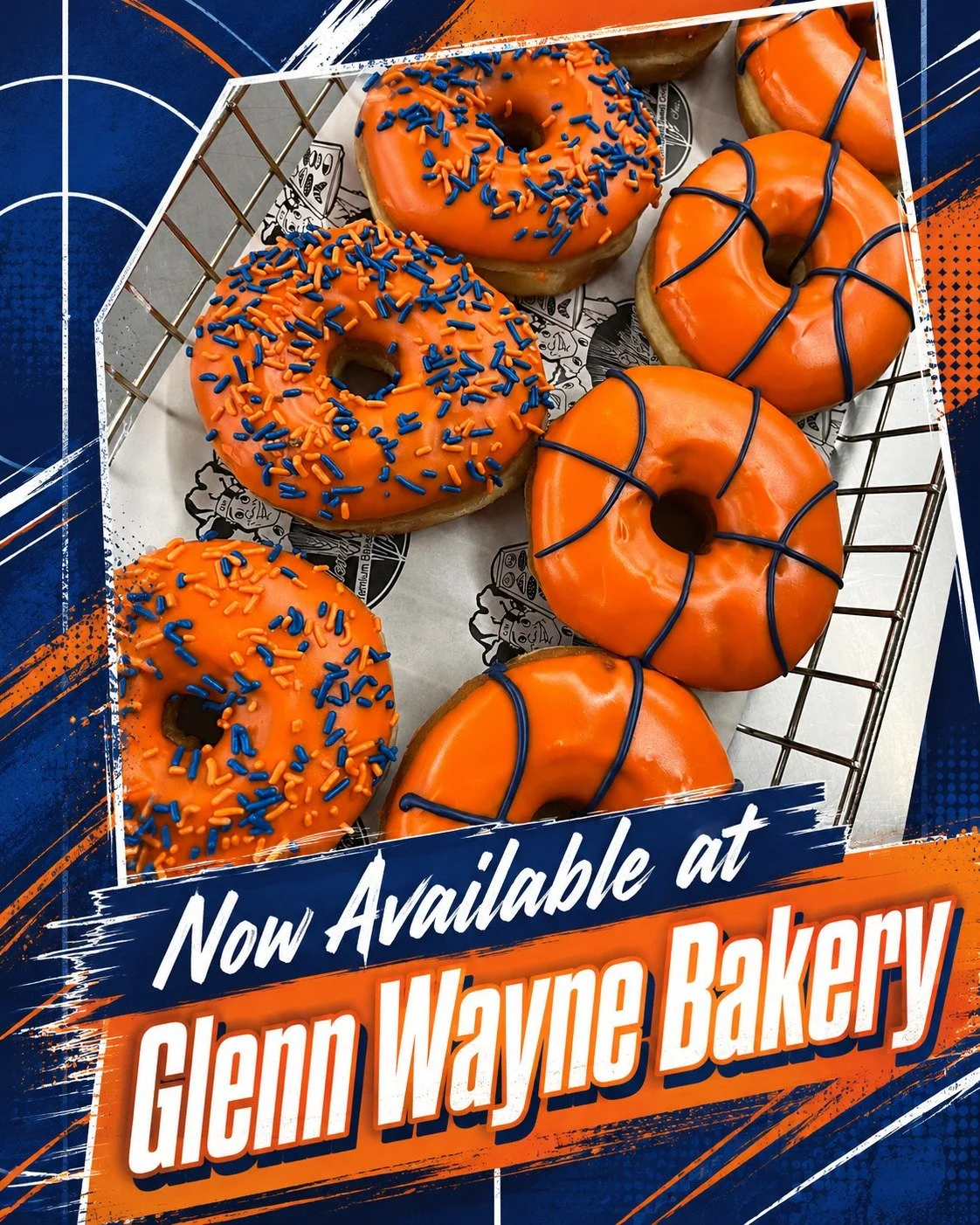 Knicks fans, your game day dozen is here. Our Knicks-themed donuts will be available at Glenn Wayne Bakery throughout the series. Stop in before tipoff and grab a box for the watch party. Please note that we are closed on Mondays. 🏀🍩🧡