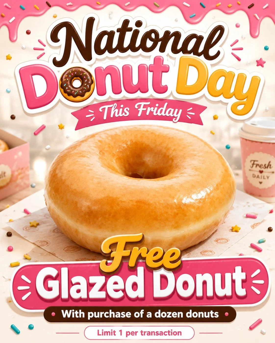 Friday just got a whole lot sweeter 🍩

Celebrate National Donut Day with a FREE glazed donut when you purchase a dozen donuts.

Limit 1 per transaction. Not available during Happy Hour. Available this Friday only! 🍩✨🎉