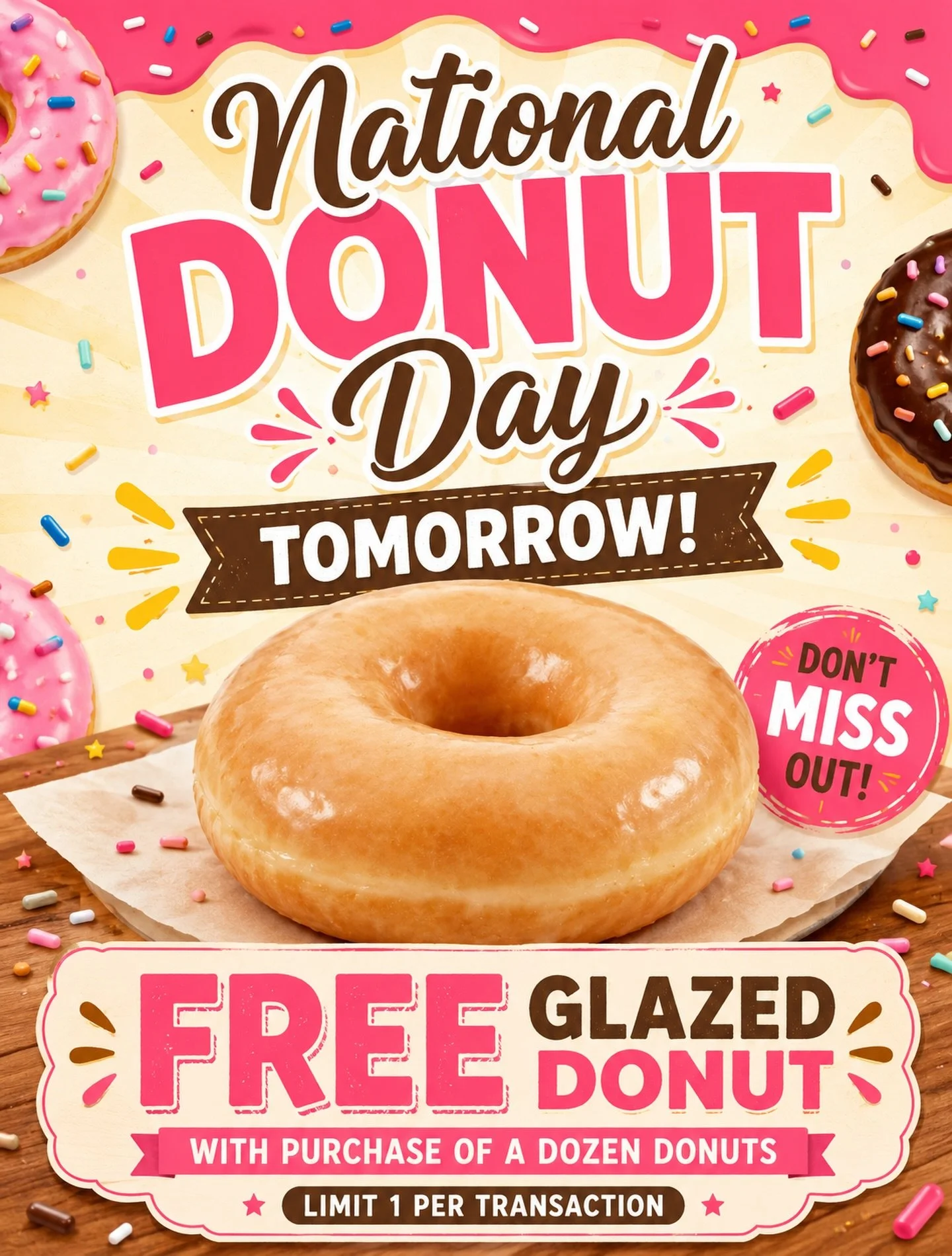 Tomorrow just got a whole lot sweeter!

Celebrate National Donut Day with a FREE glazed donut when you purchase a dozen donuts.

Limit 1 per transaction. Not available during Happy Hour. 🍩✨🎉