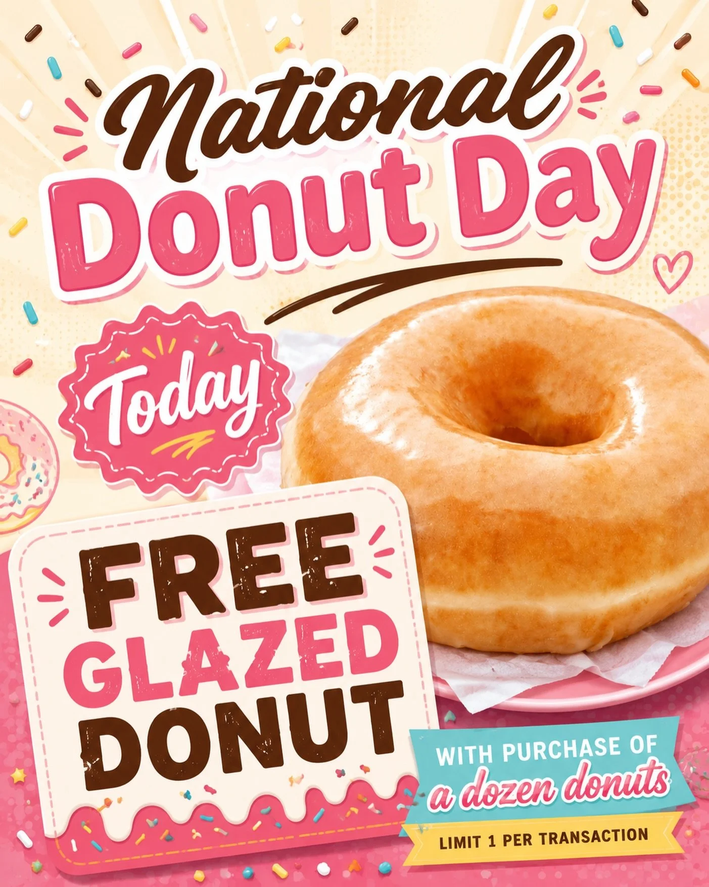 Sweet news! It&rsquo;s National Donut Day TODAY! 🍩🎉

Get a FREE glazed donut when you purchase a dozen donuts.

Limit 1 per transaction. Not available during Happy Hour. ✨