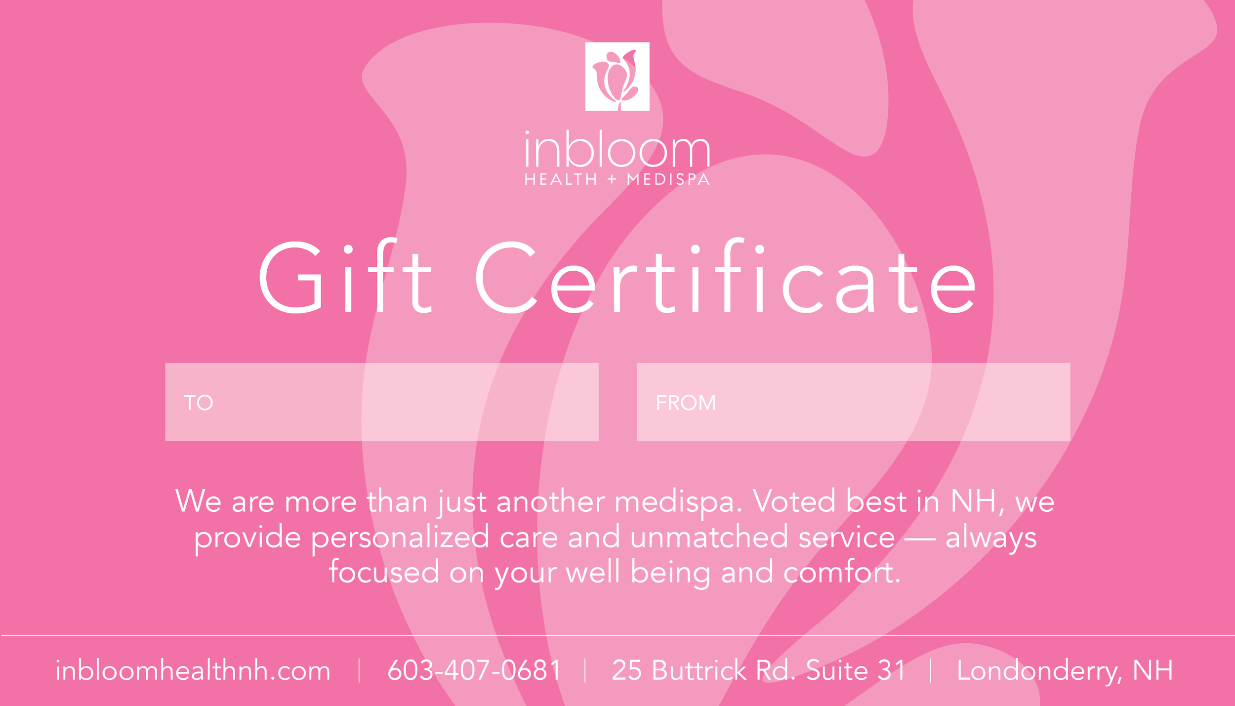 Pink gift certificate for Inbloom Health and Medispa, with a floral logo, featuring the text 'Gift Certificate' and spaces for recipient and sender information, and a message about personalized care and service.