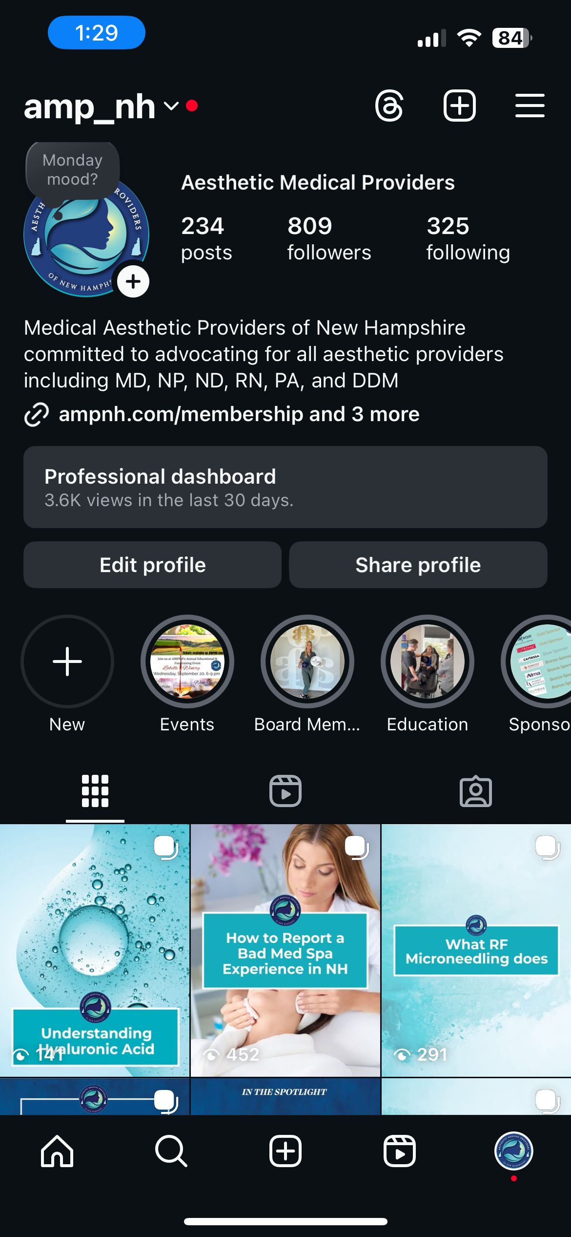 Screenshot of an Instagram profile for Aesthetic Medical Providers of New Hampshire with profile picture, follower count, posts, and story highlights about medical aesthetics and treatments.