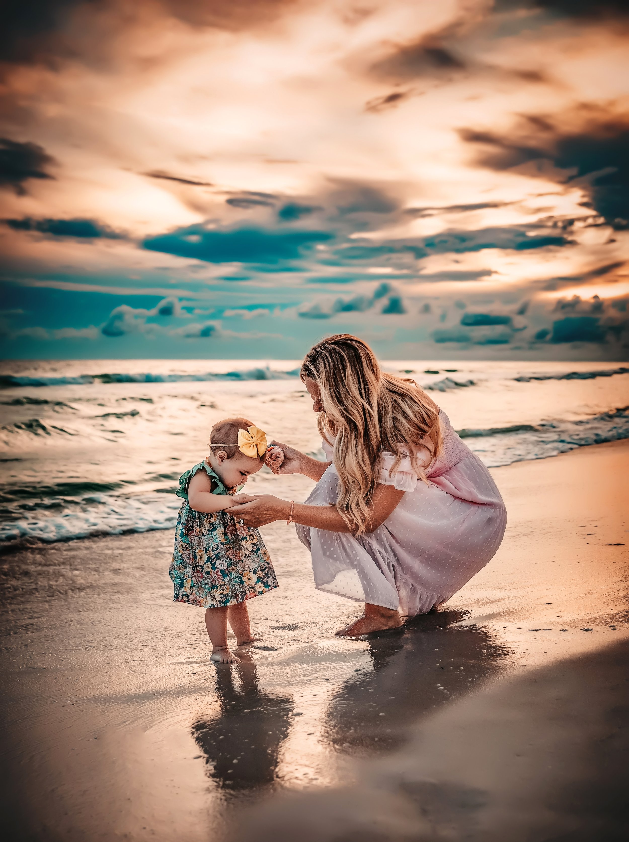 Mother and daughter sharing a quiet sunset moment during a 30A family photography session, photographed by a professional 30A family photographer in Santa Rosa Beach, Florida.