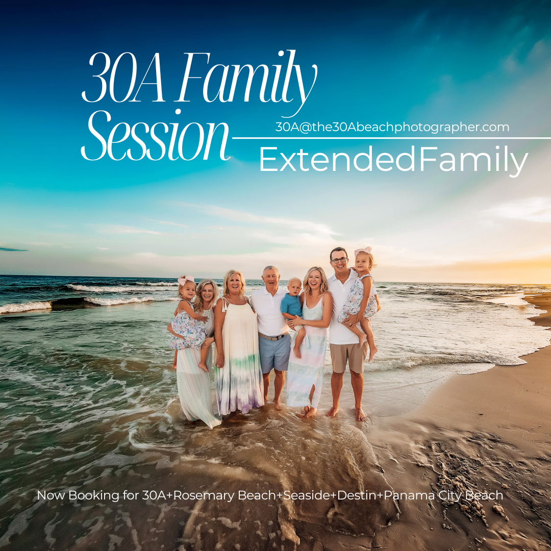 Extended family beach session booking information for 30A beach photographer Lisa Marie serving Rosemary Beach, Seaside, Destin, and Panama City Beach