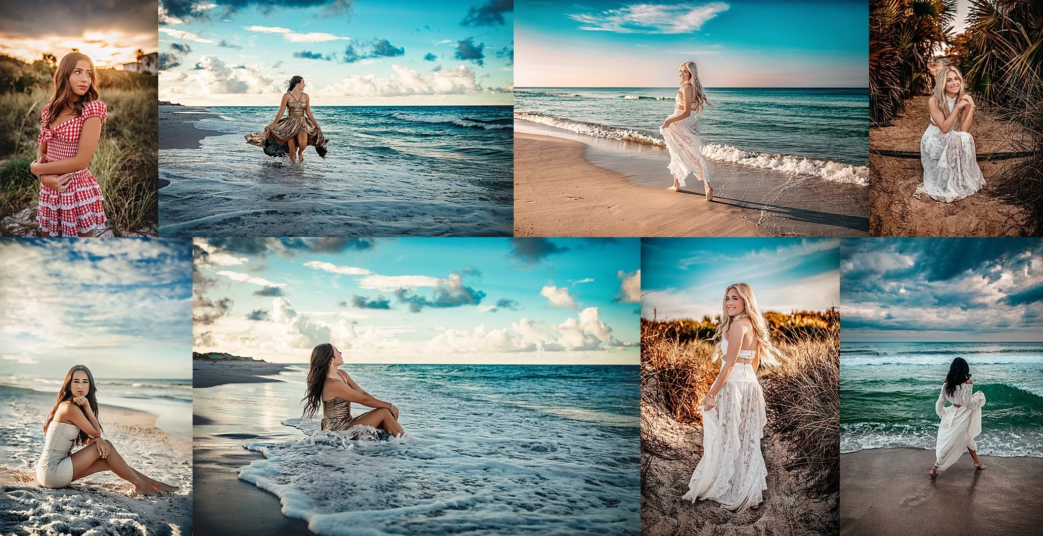A collage of senior beach session portraits taken along the Gulf of Mexico