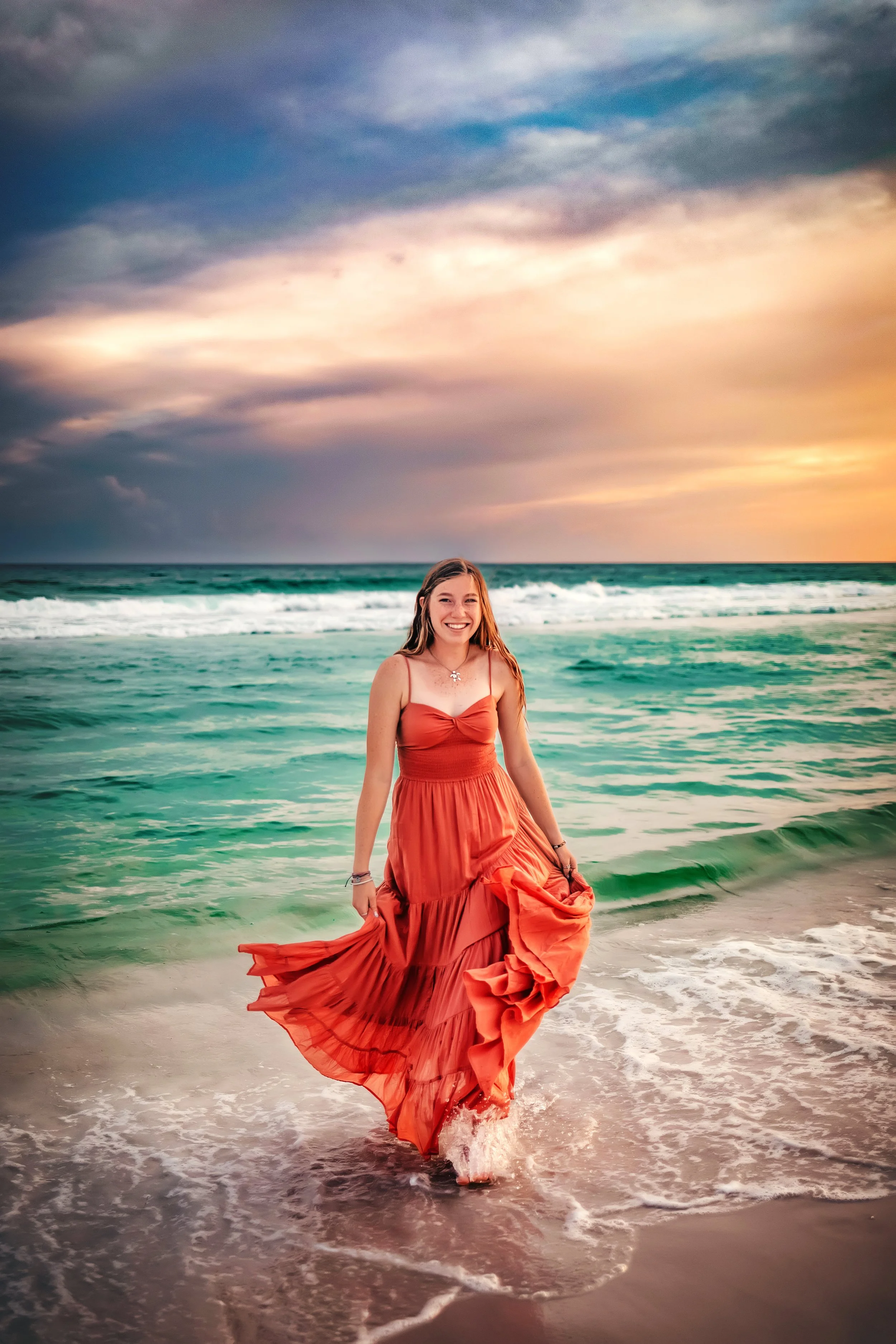A  senior portrait sessions on 30A featuring sunset lighting and various beach backdrops from Blue Mountain to Alys Beach.