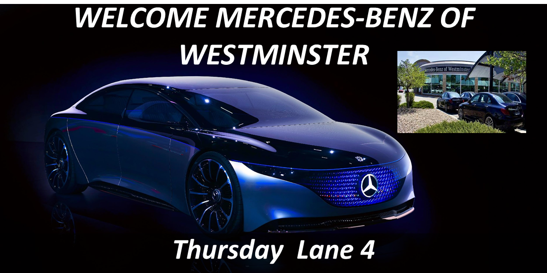A promotional image with a sleek, futuristic Mercedes-Benz car in a dark setting, with text saying "Welcome Mercedes-Benz of Westminster" and "Thursday Lane 4". There is an inset photo showing the exterior of the Mercedes-Benz dealership with multipl