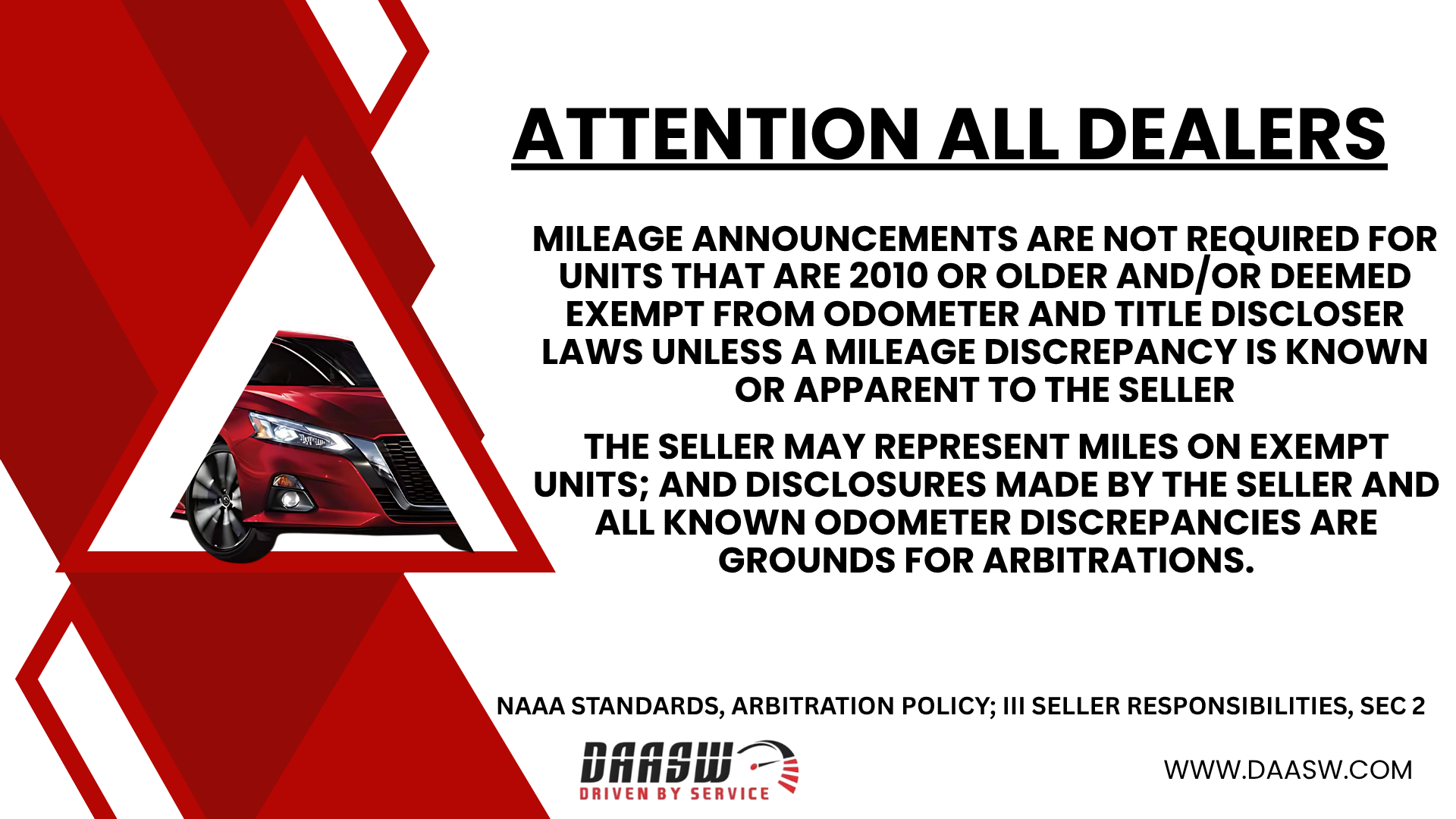 MILEAGE ANNOUNCEMENTS ARE NOT REQUIRED FOR UNITS THAT ARE 2010 OR OLDER ANDOR DEEMED EXEMPT FROM ODOMETER AND TITLE DISCLOSER LAWS UNLESS A MILEAGE DISCREPANCY IS KNOWN OR APPARENT TO THE SELLER.png