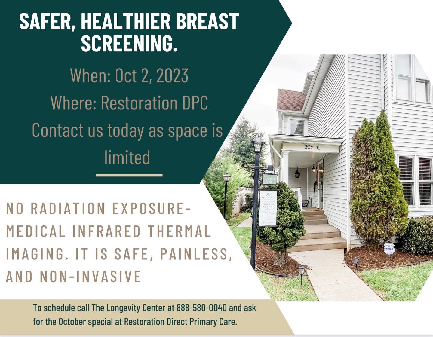 BIG NEWS!!!

Restoration Direct Primary Care has teamed up with The Longevity Center to bring you a safer, healthier breast screening! 

The Longevity Thermography Center is coming to Restoration DPC on October 2nd and there will be limited appointme
