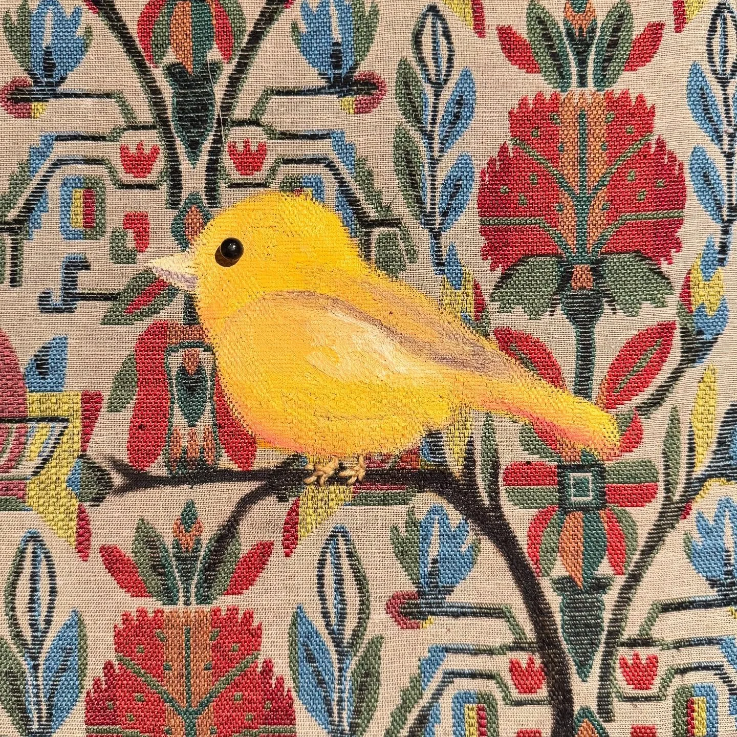 &ldquo;Yellow Bird&rdquo; 
12x12
Oil on upholstery fabric