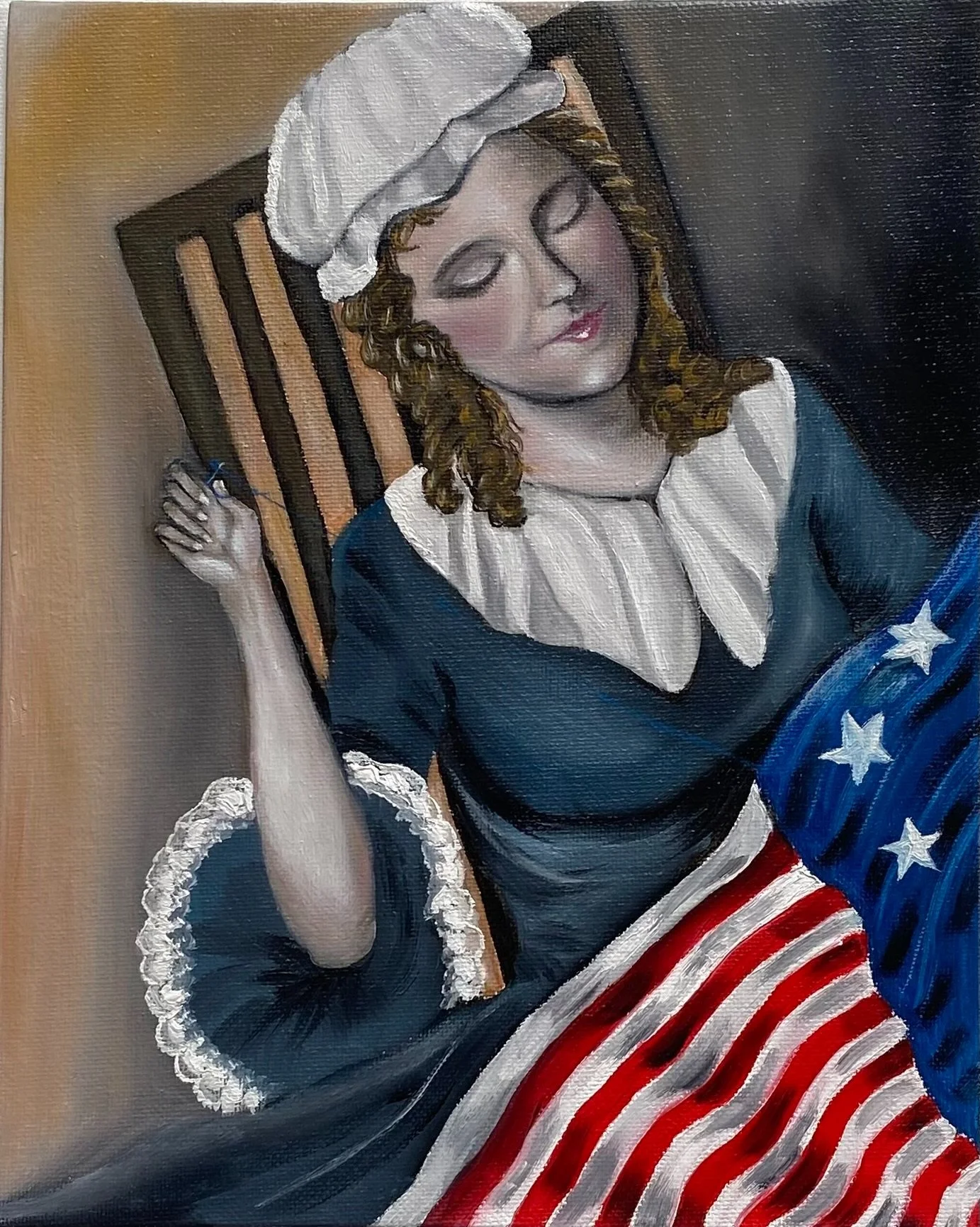Betsy Ross 
8x10 oil on panel 
the beautiful woman who help to make the first American flag, she became important after one hundred years later.
