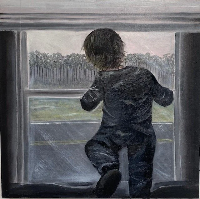 the window 
10x10 in oil on wood 
the view from another part of the house represent the situation in pandemic.  