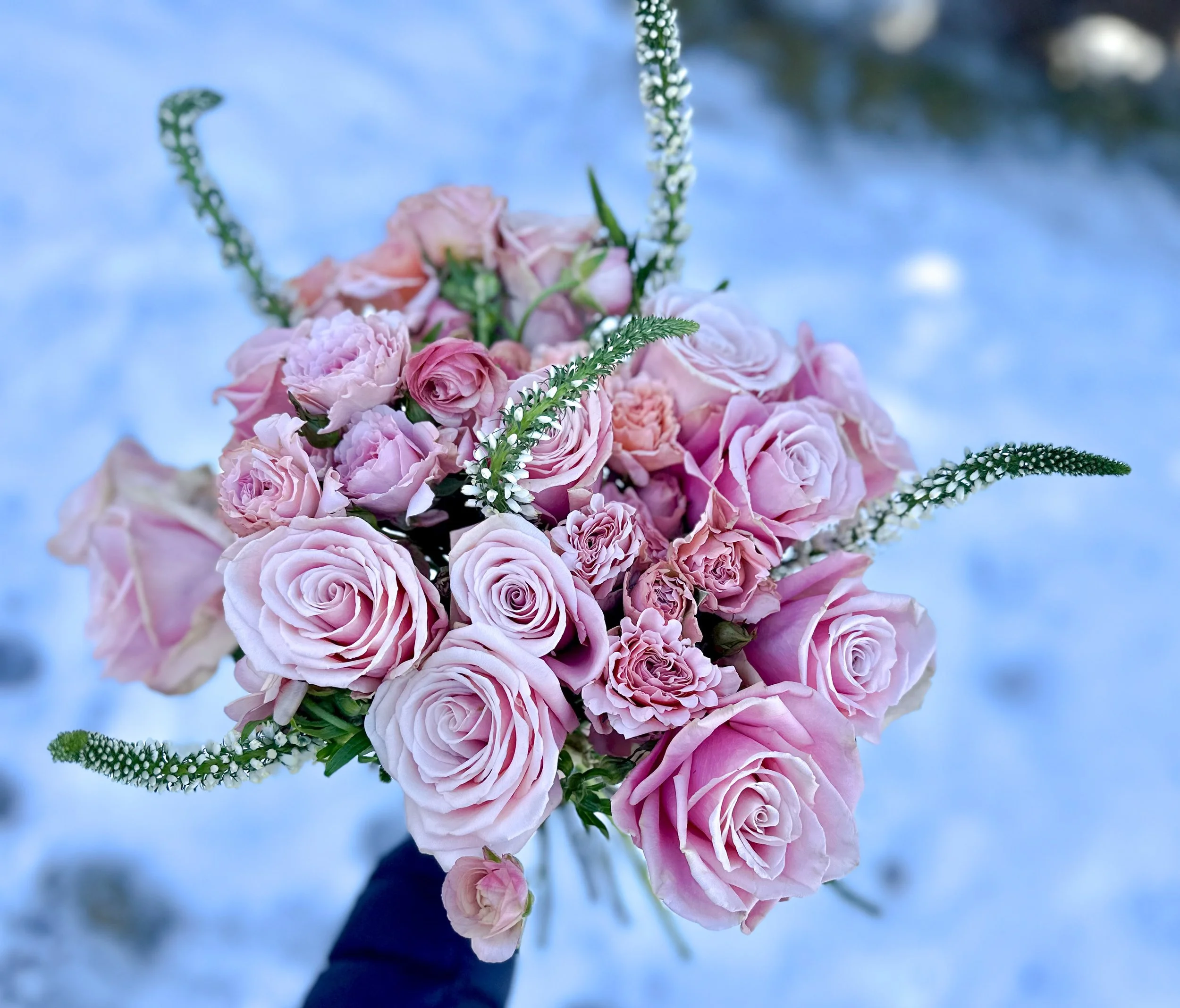 A person holding a bouquet of pink roses and white flowers against a snowy background.