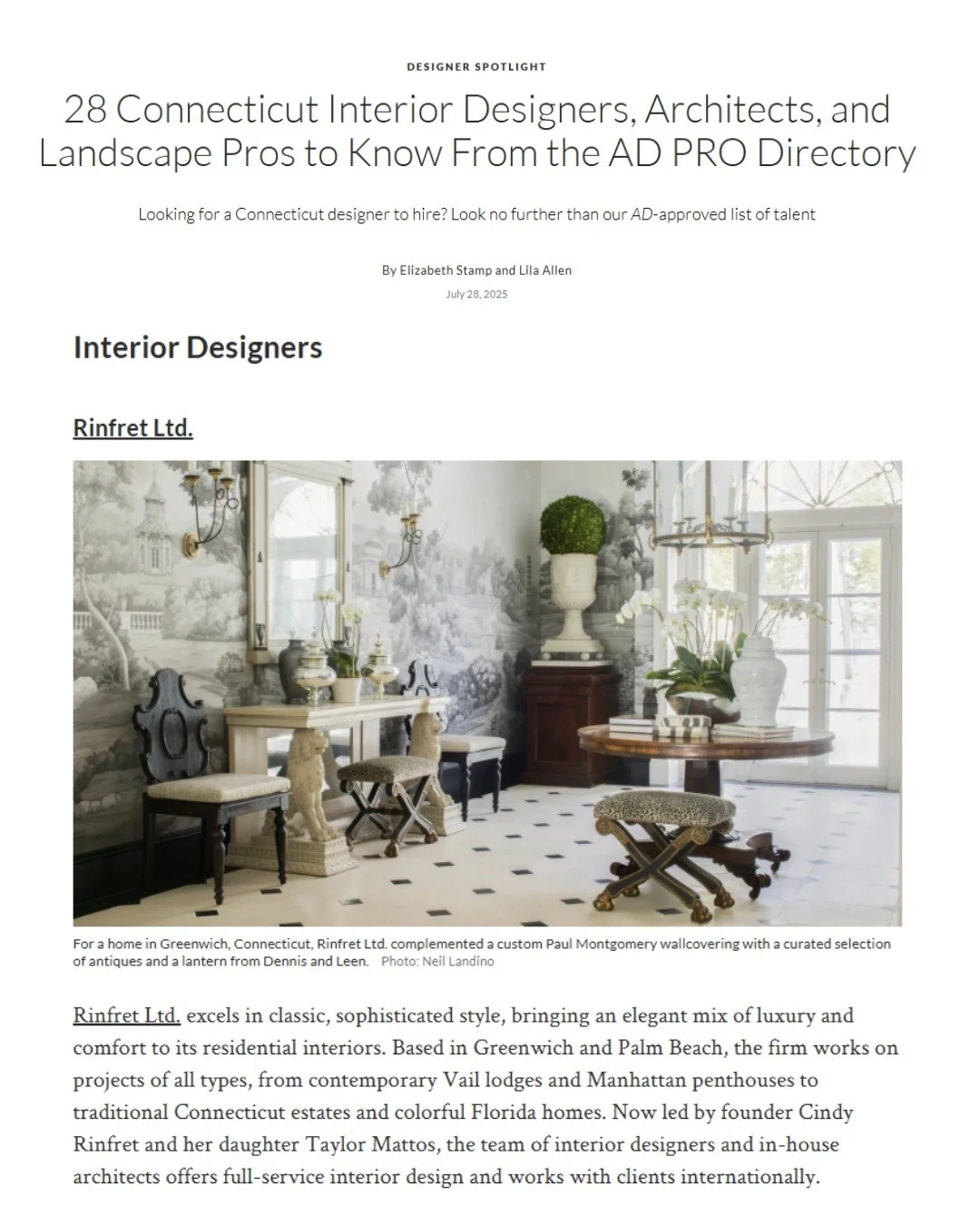 It is always an honor to be featured in Architectural Digest - we are proud to showcased among so many talented designers highlighted in their recent article on Connecticut interior designers!

This recognition means so much to our team, as we contin