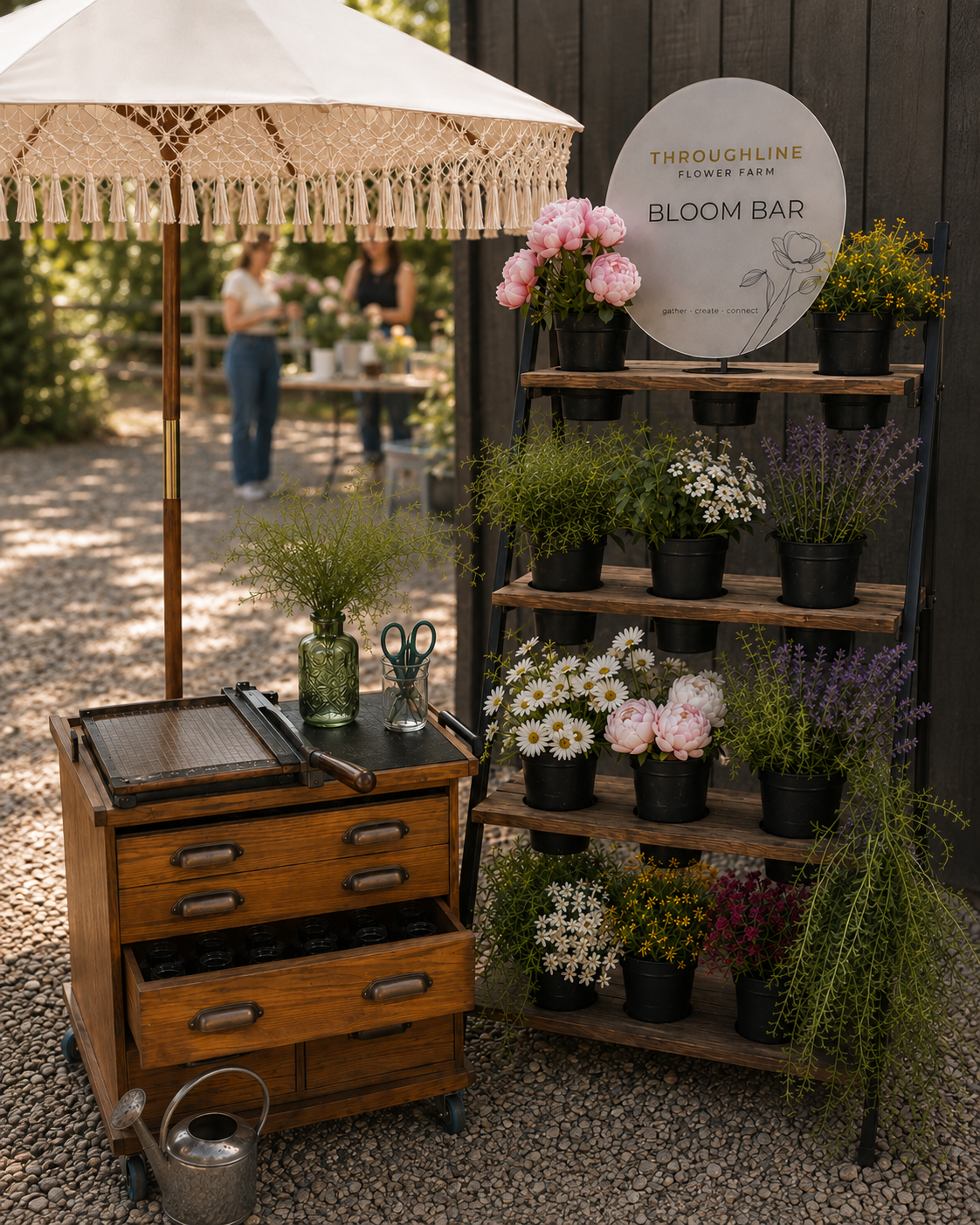 wedding bloom bar small group arranging finished guest bouquets detail shot of setup, tools,  vessels, and signage