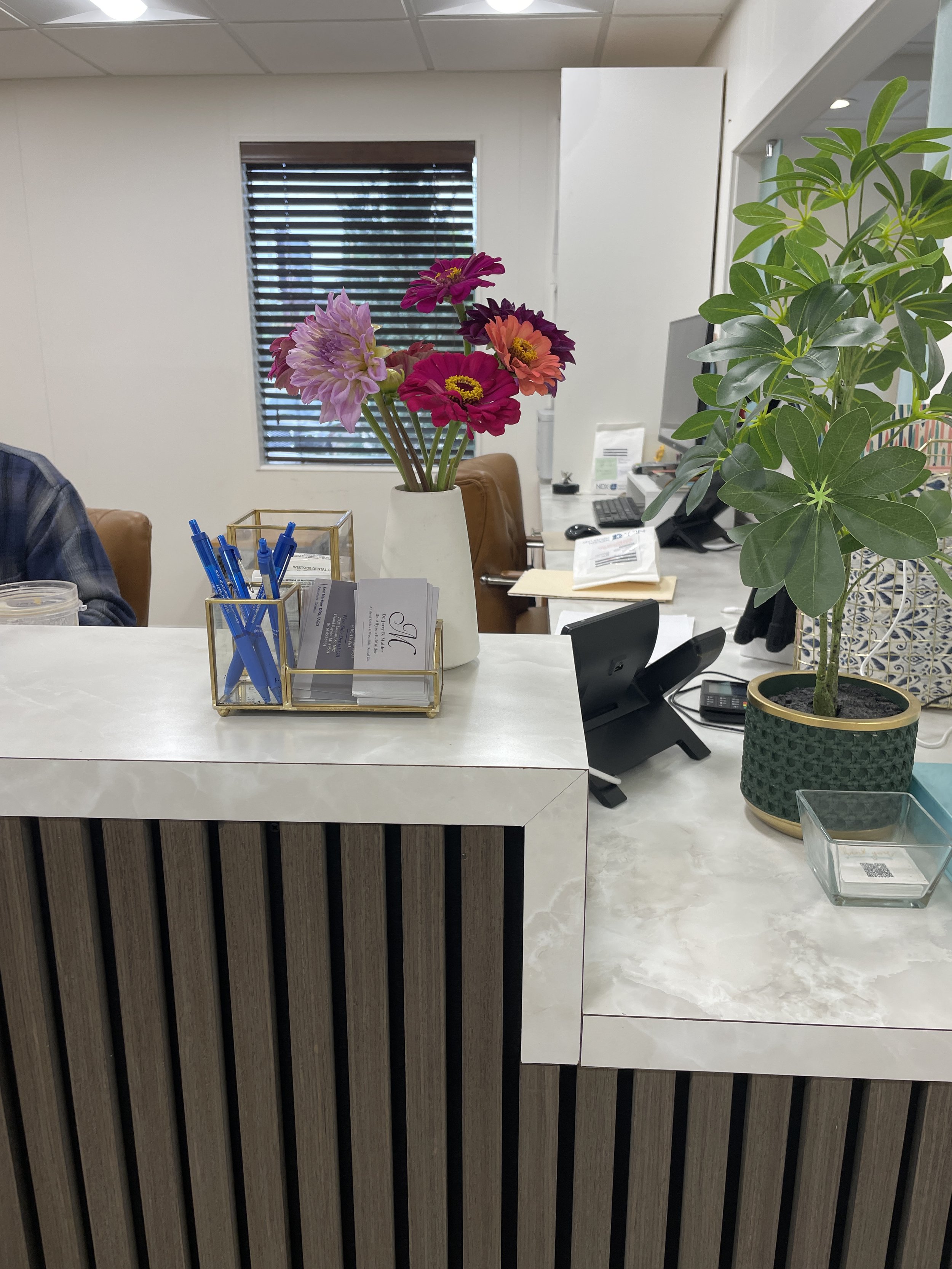 Floral arrangement in a dental practice front office