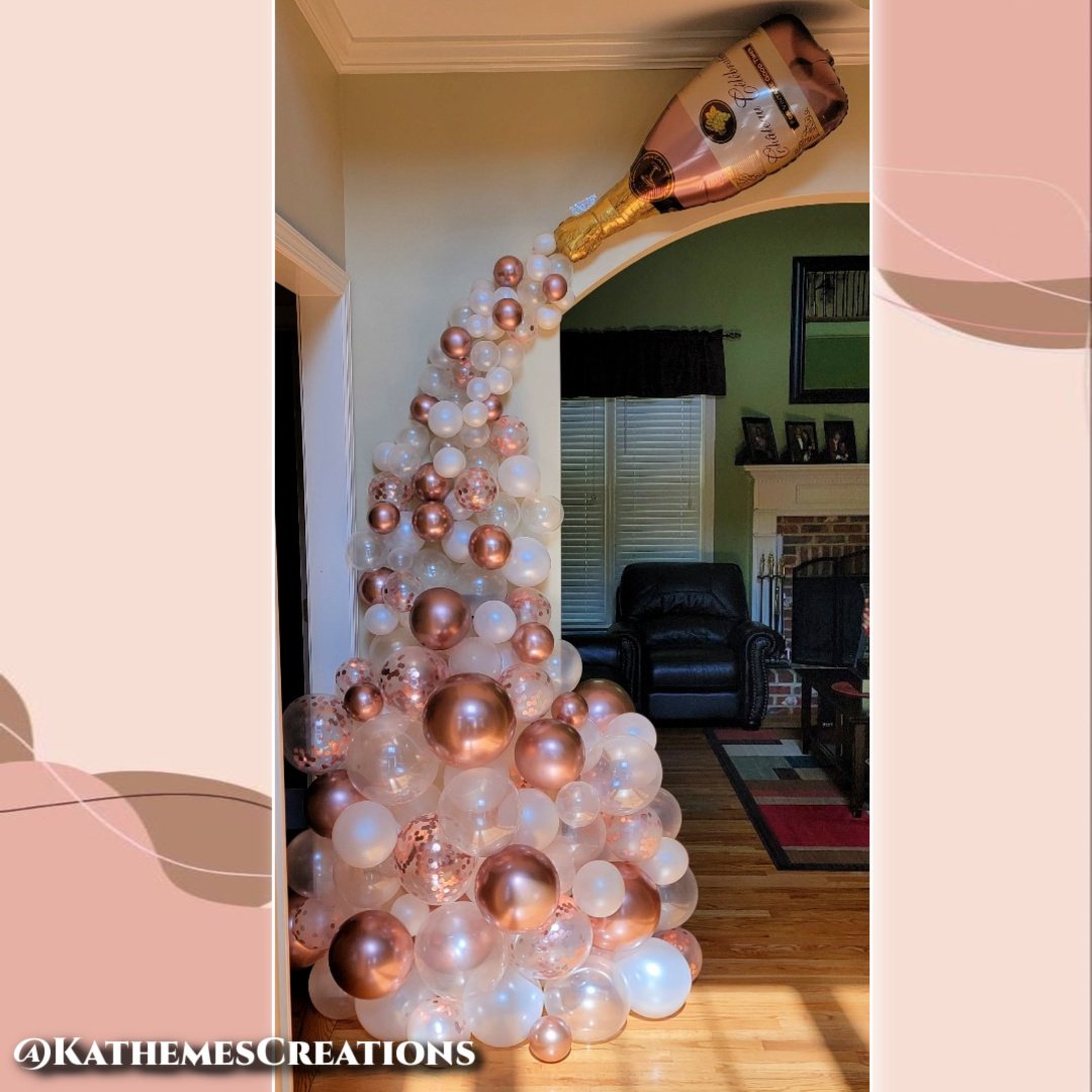 Pop the cork on celebrations with Kathemes Creations!

Check out our show-stopping balloon decor, featuring a champagne bottle overflowing with white, rose gold, and clear balloons filled with confetti!

This stunning setup is perfect for making any 