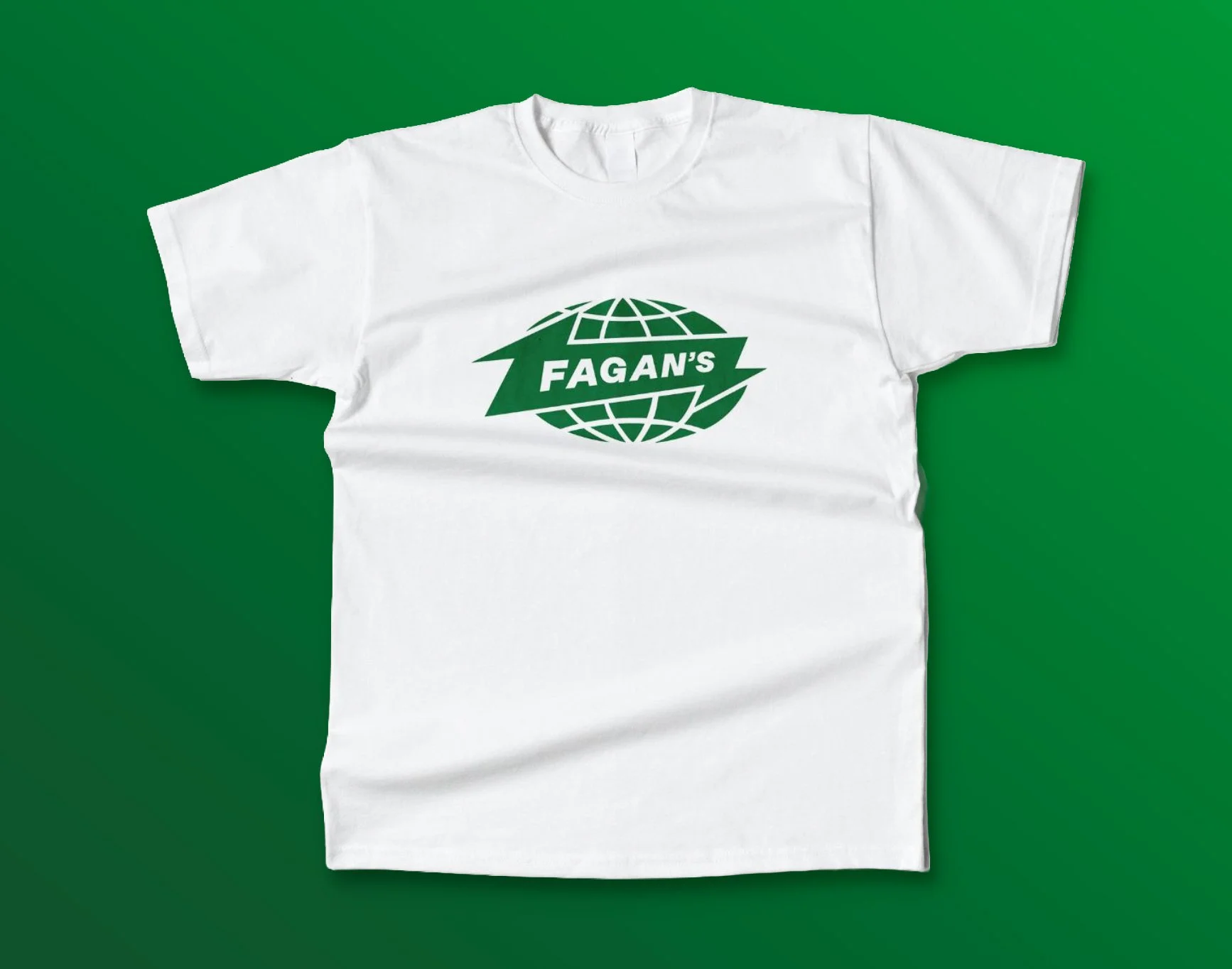 White T-shirt with a green globe logo and the text "FAGAN'S" on it, placed on a green background.