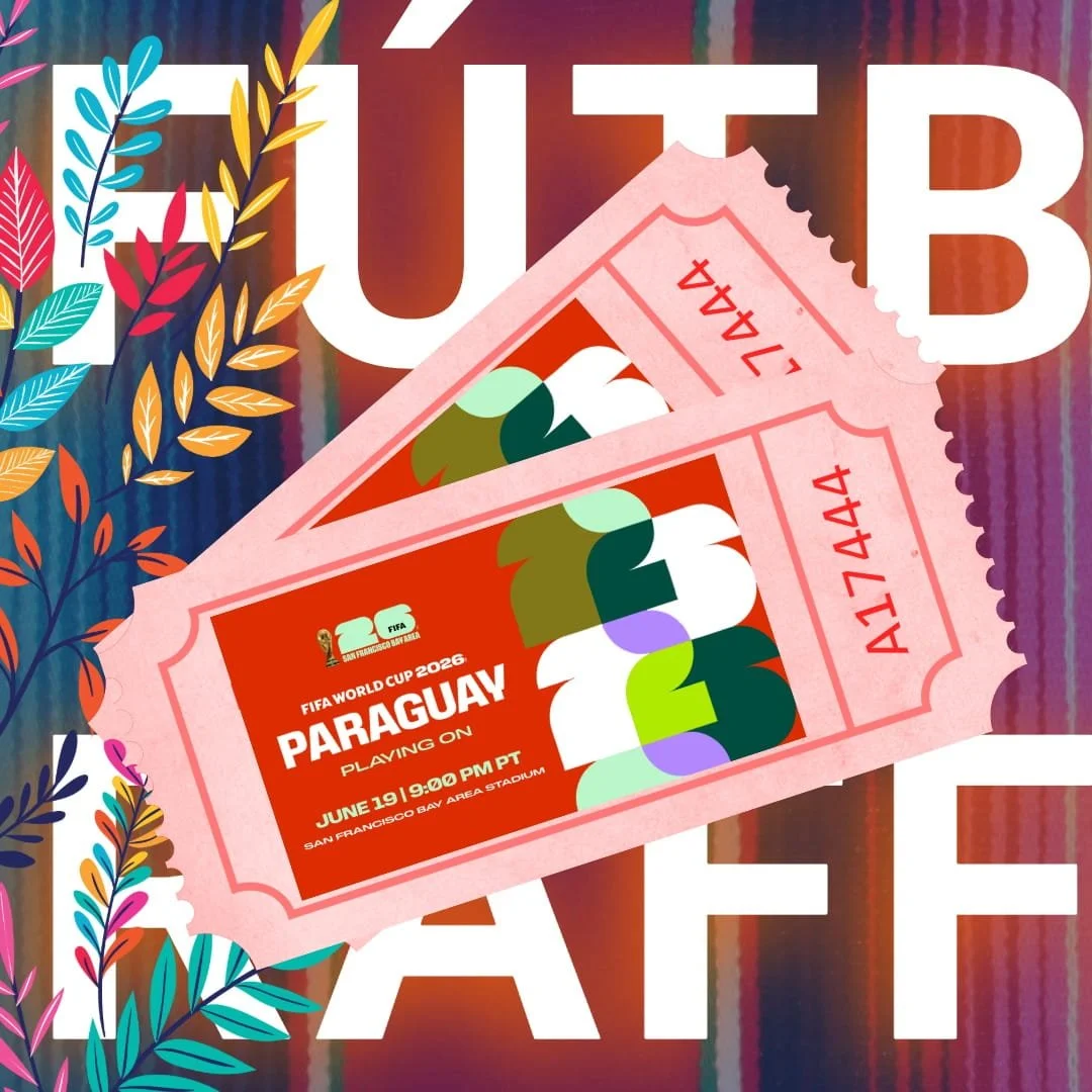 Graphic featuring colorful artwork and two illustrated tickets promoting Eastshore Alliance FC’s Fútbol Fiesta Raffle. The design highlights top prizes including 2026 FIFA World Cup tickets to the June 19 match at Levi’s Stadium, along with a free ye