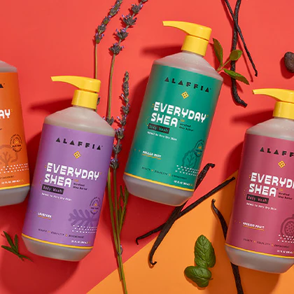 Image of products from Alaffia, a bipoc style brand featured in Katie Colley's brand Library