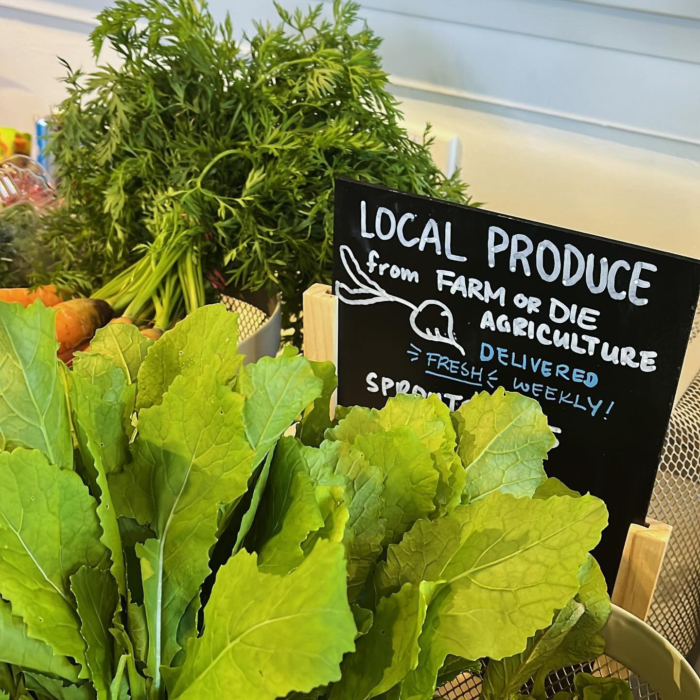 Fresh produce has arrived! We are so excited to supply @farmordieagriculture produce in the shop. We will have weekly deliveries of all the freshest veg (and fruit!) all summer long. Swing by Thursdays for first pick! 🥬🥕🫛🍅