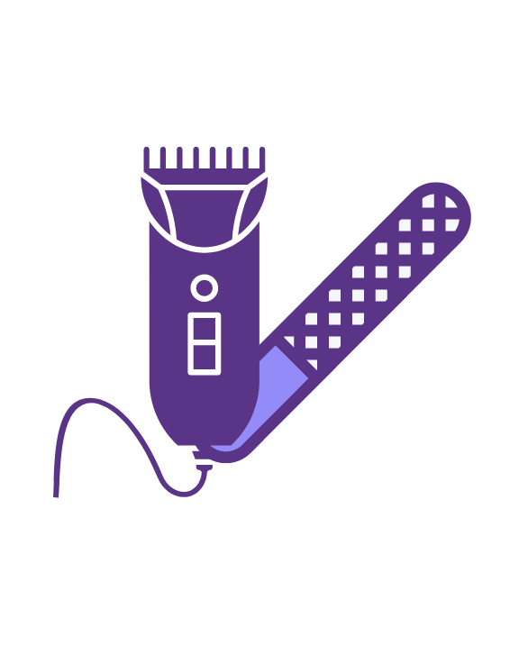 Illustration of a pet hair clipper with a purple body and a textured blade used for dog and cat grooming.
