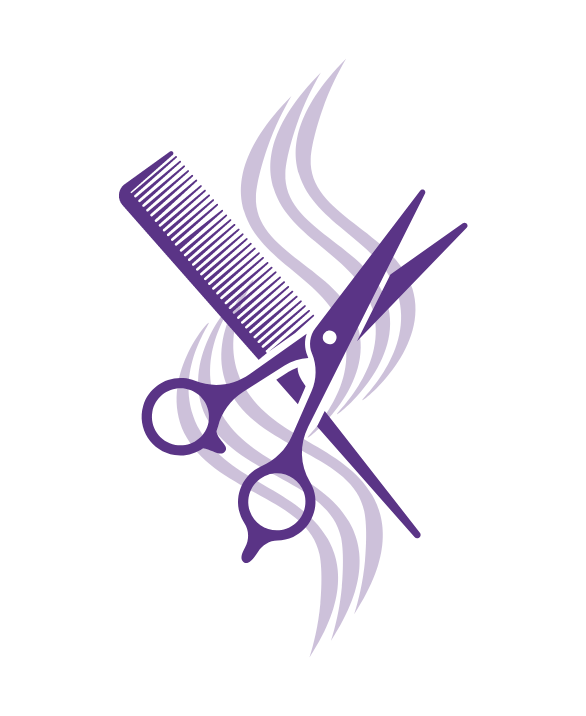 A purple illustration of pet grooming and hairdressing tools including scissors, a comb, and hair strands.