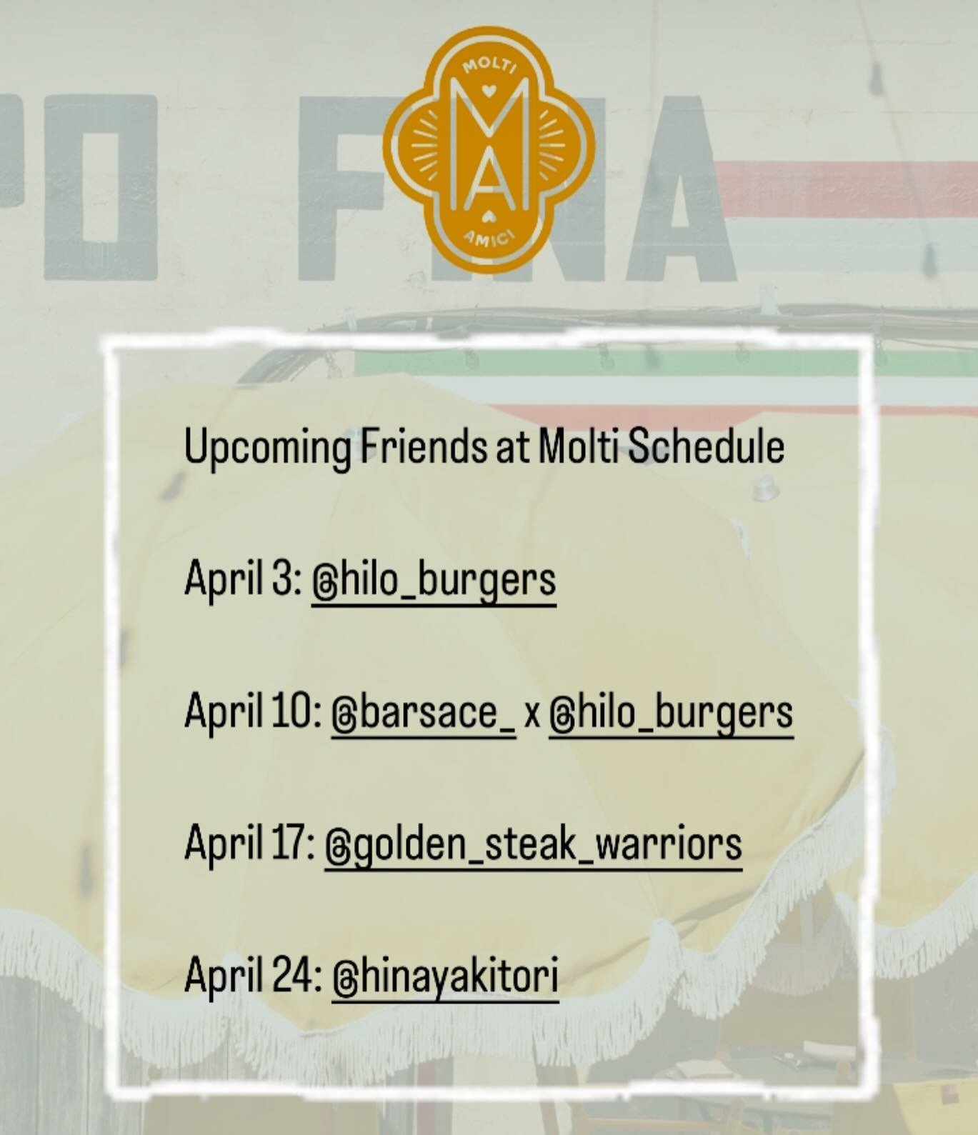 We love Wednesday&rsquo;s! FRIENDS AT MOLTI: We invite our friends to take over our kitchen and bar. 

UPCOMING SCHEDULE 🔥 
April 3: @hilo_burgers 
April 10: @barsace_ x @hilo_burgers 
April 17: @golden_steak_warriors 
April 24: @hinayakitori 

#mol