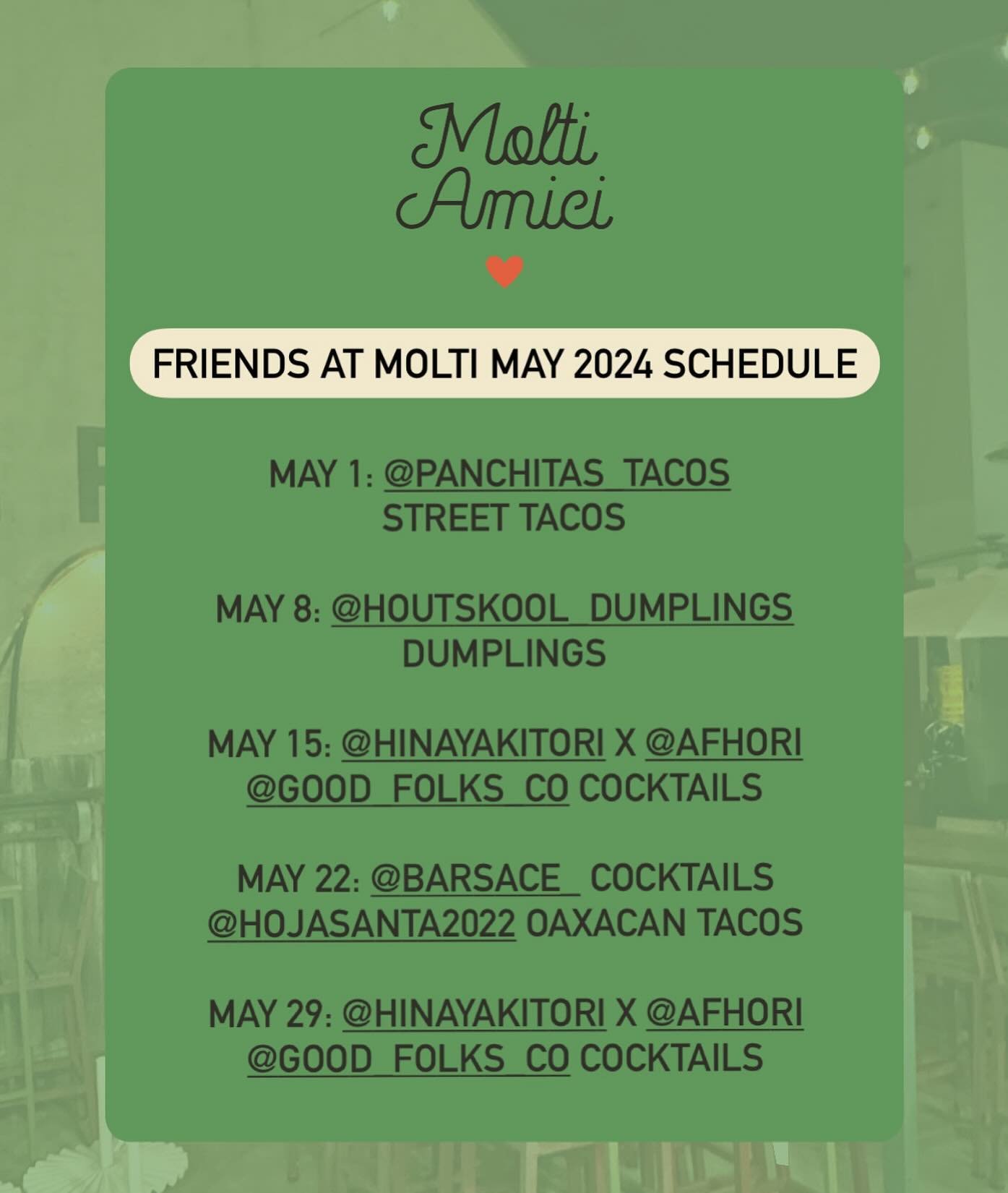 Friends at Molti &mdash; May 2024 tickets are available on @resy

MAY 1: @panchitas_tacos | Street tacos
MAY 8: @houtskool_dumplings | Dumplings 
MAY 15: @hinayakitori x @afhori Yakitori | @good_folks_co cocktails 
MAY 22: @barsace_ cocktails | @hoja