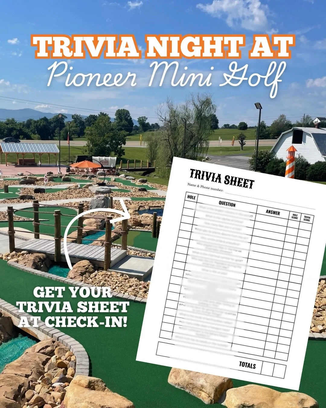 Join us for our first-ever Trivia Night at Pioneer Mini Golf Saturday April 18th! ⛳️✨

Enjoy a round on the course just like usual&mdash;but with a fun twist. As you play, you&rsquo;ll keep track of your scorecard while also answering corresponding g