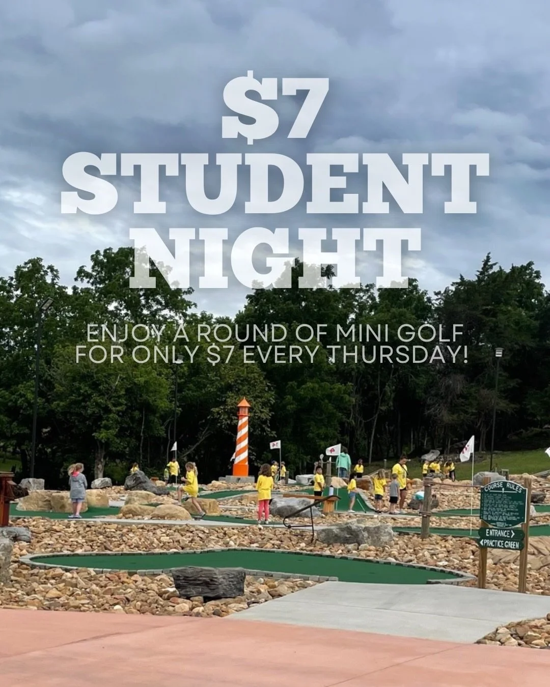 $7 Student Night is EVERY Thursday at Pioneer Mini Golf ⛳️✨

Students (high school &amp; under) can wear school gear, and college students (18+) can show a valid student ID to play for just $7!

the perfect excuse for an affordable night out with fri