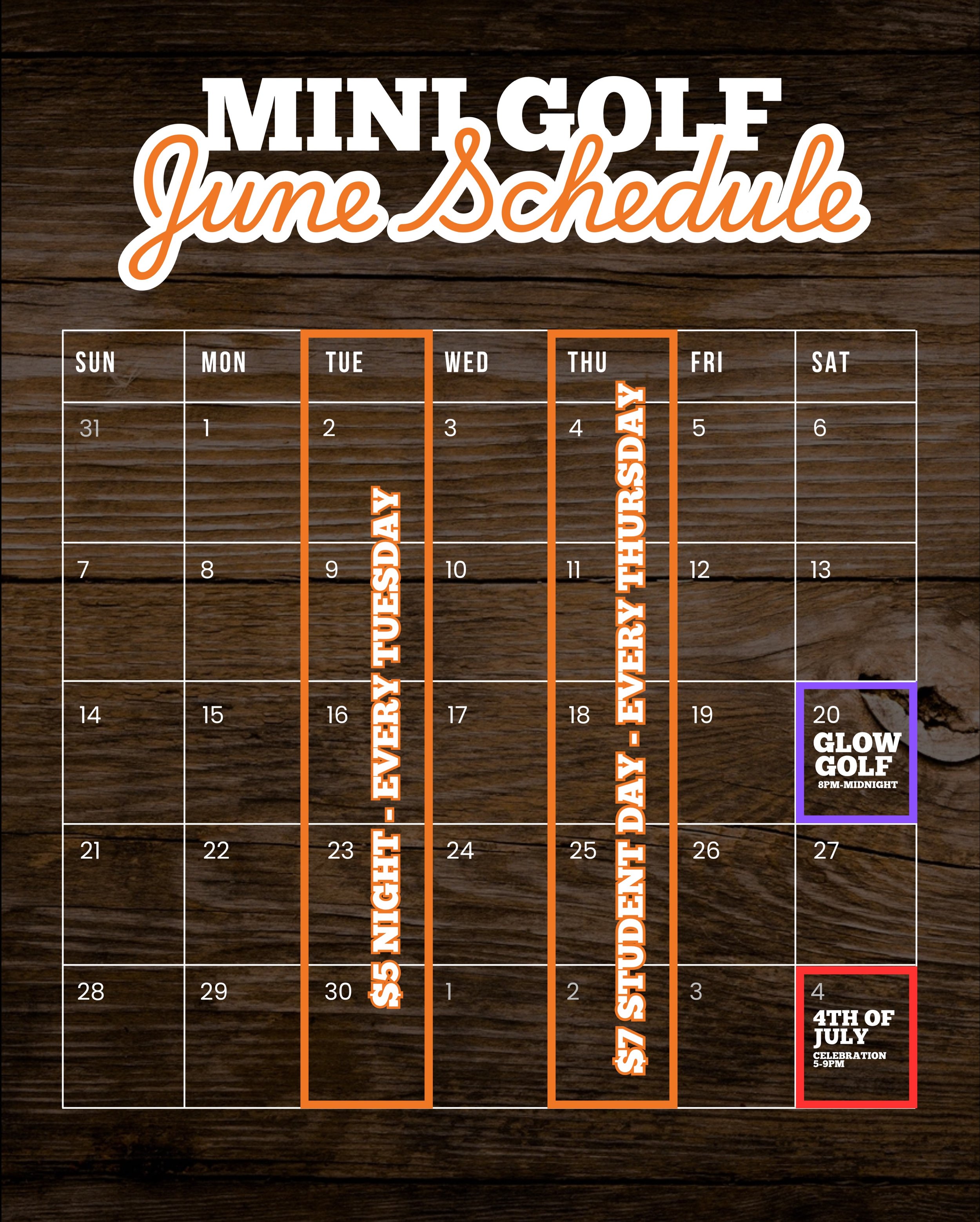 Our June event schedule is here! 🧡⛳️ 

Mark your calendars, grab your friends, and make plans to spend part of your summer with us on the course!

$5 Night - Every Tuesday (everyone)
$7 Student Day - Every Thursday (Students only)
Glow Golf - June 2
