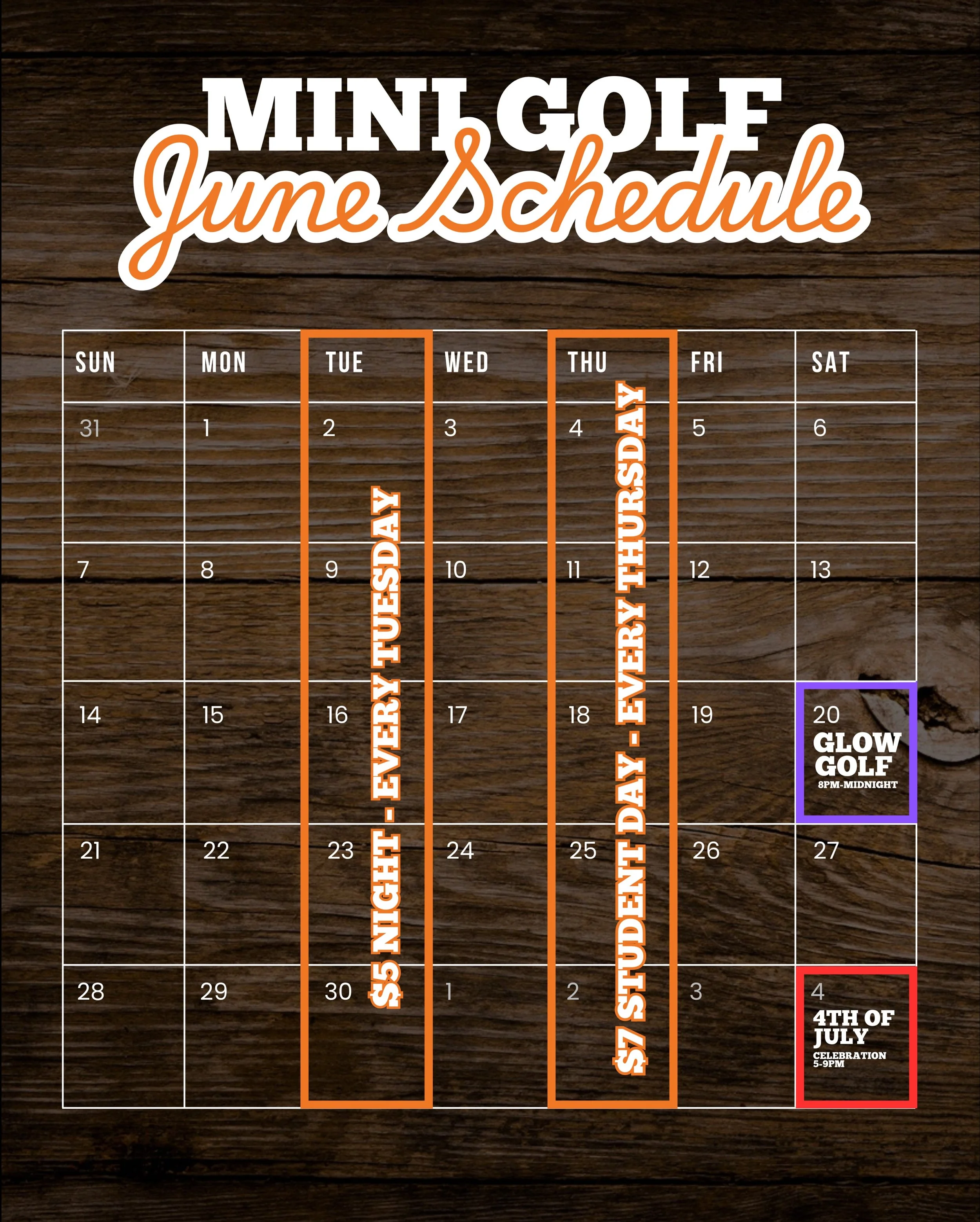 Our June event schedule is here! 🧡⛳️ 

Mark your calendars, grab your friends, and make plans to spend part of your summer with us on the course!

$5 Night - Every Tuesday (everyone)
$7 Student Day - Every Thursday (Students only)
Glow Golf - June 2