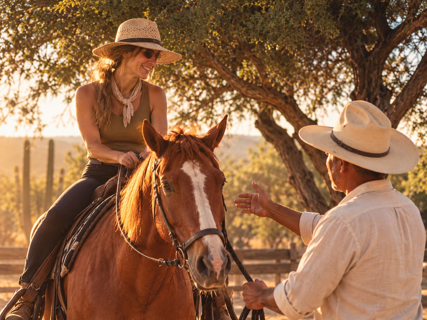 A woman in a white tank top and jeans riding a brown horse while an older man in a blue t-shirt, beige pants, and yellow gloves helps prepare the horse. The scene takes place outdoors under a tree with sunlight filtering through the leaves.