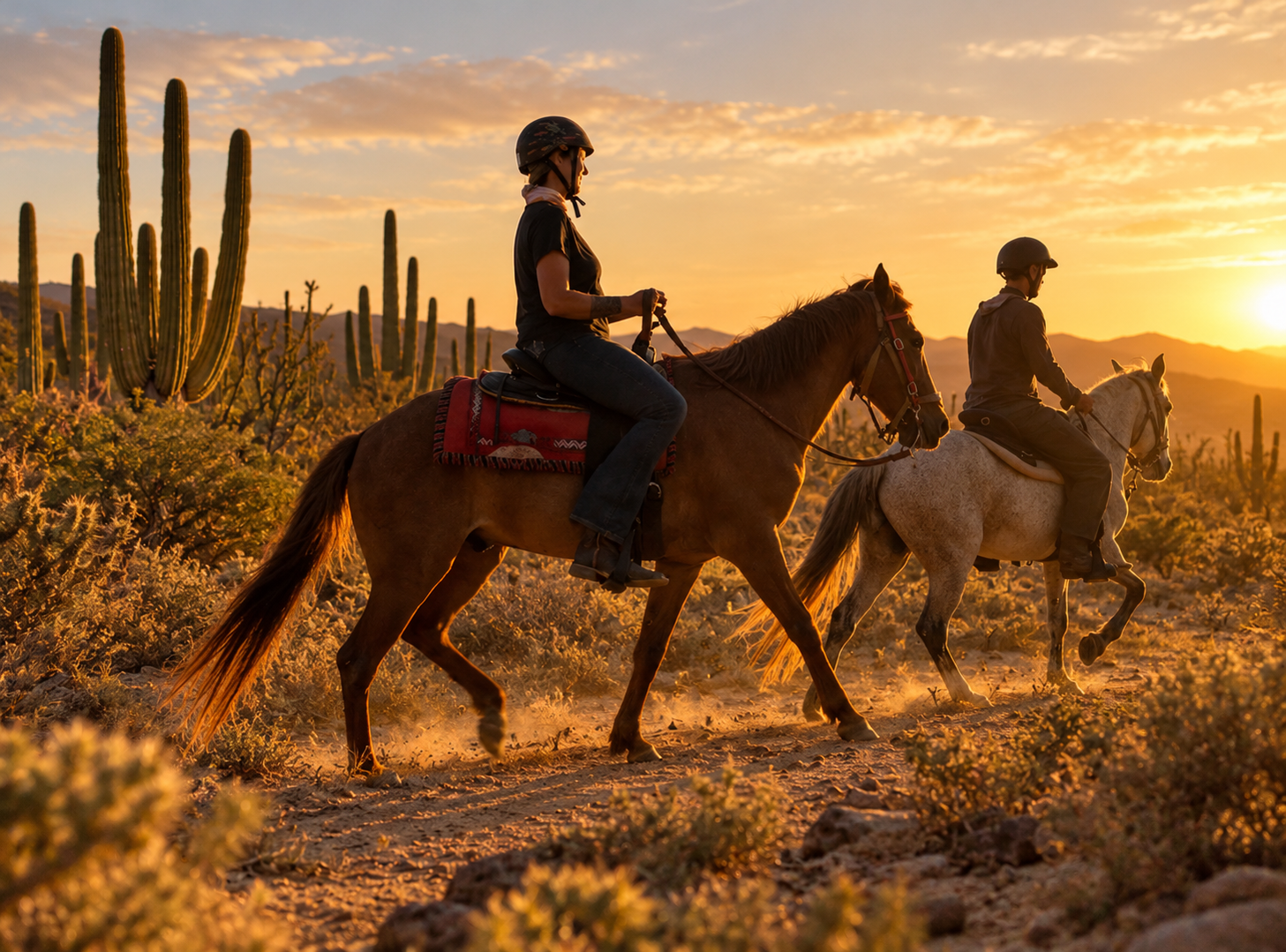 Two people riding horses along the beach at sunset, wearing helmets and casual clothing.